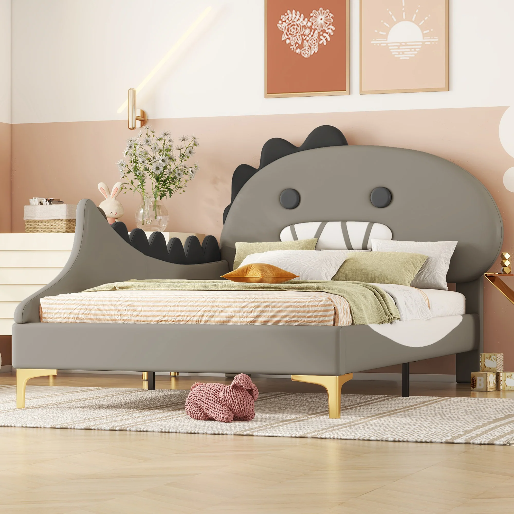 Children's Bed 90x200cm Dinosaur Shape Flat Bed - PU Grey - Image 2