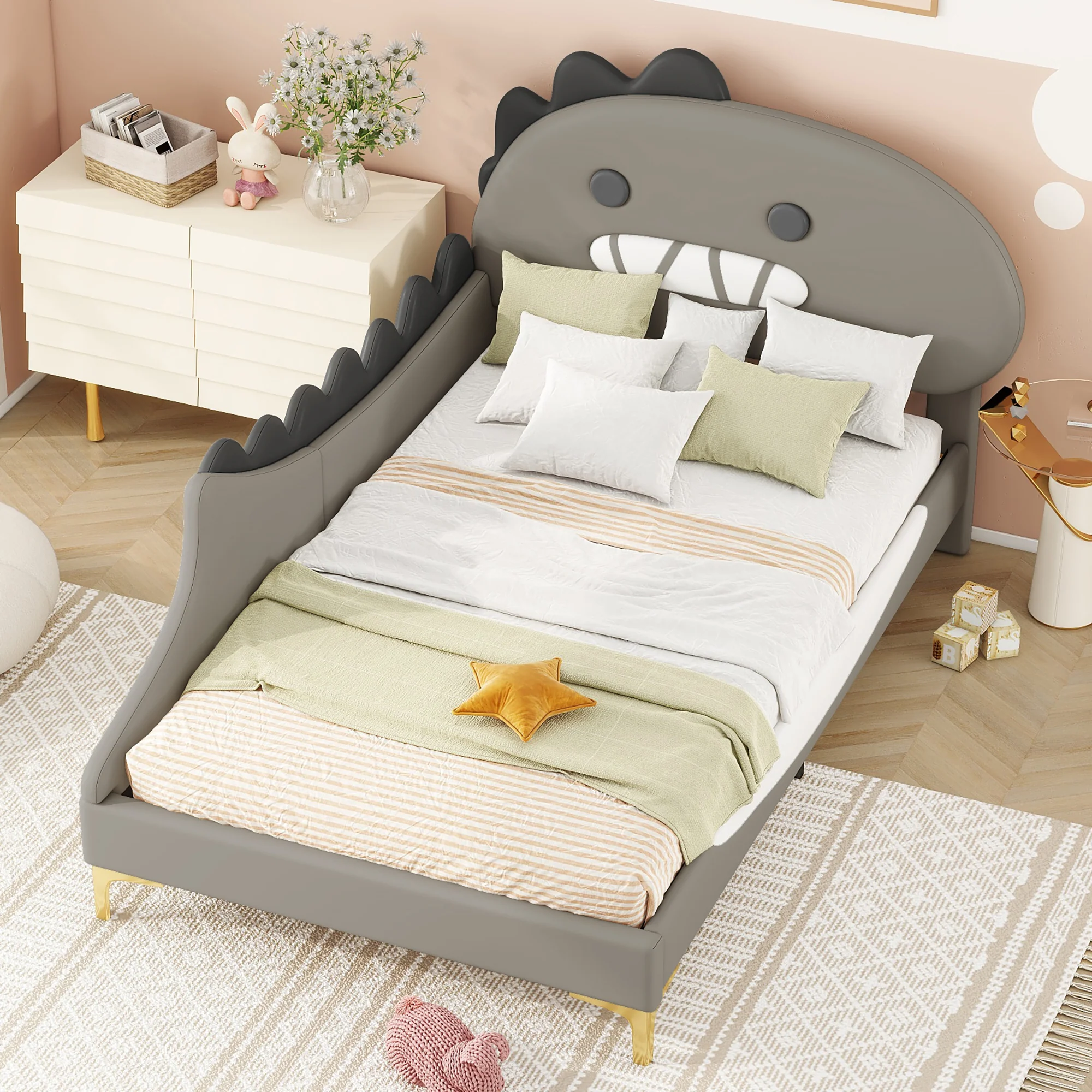 Children's Bed 90x200cm Dinosaur Shape Flat Bed - PU Grey - Image 3