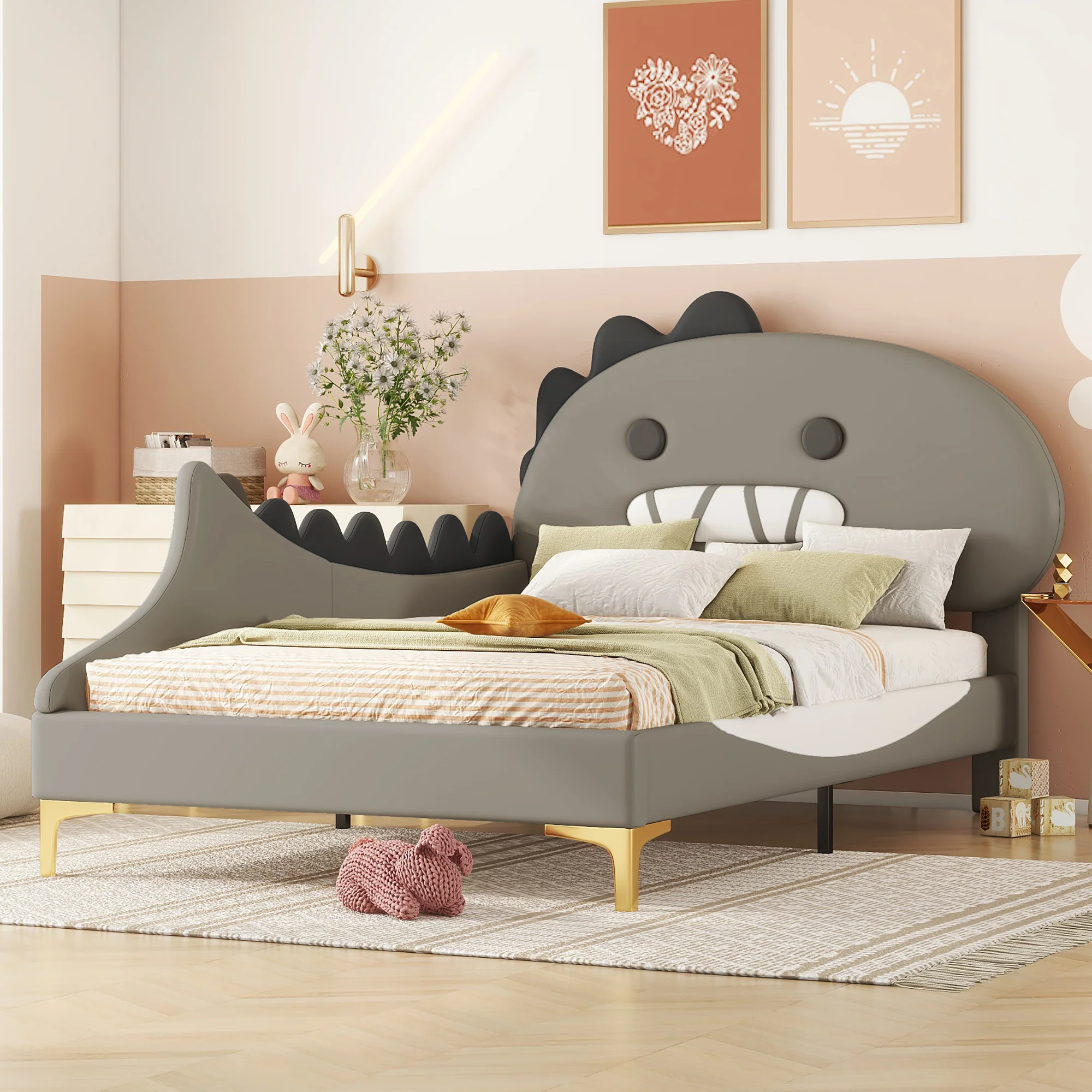 Children's Bed 90x200cm Dinosaur Shape Flat Bed - PU Grey - Image 4