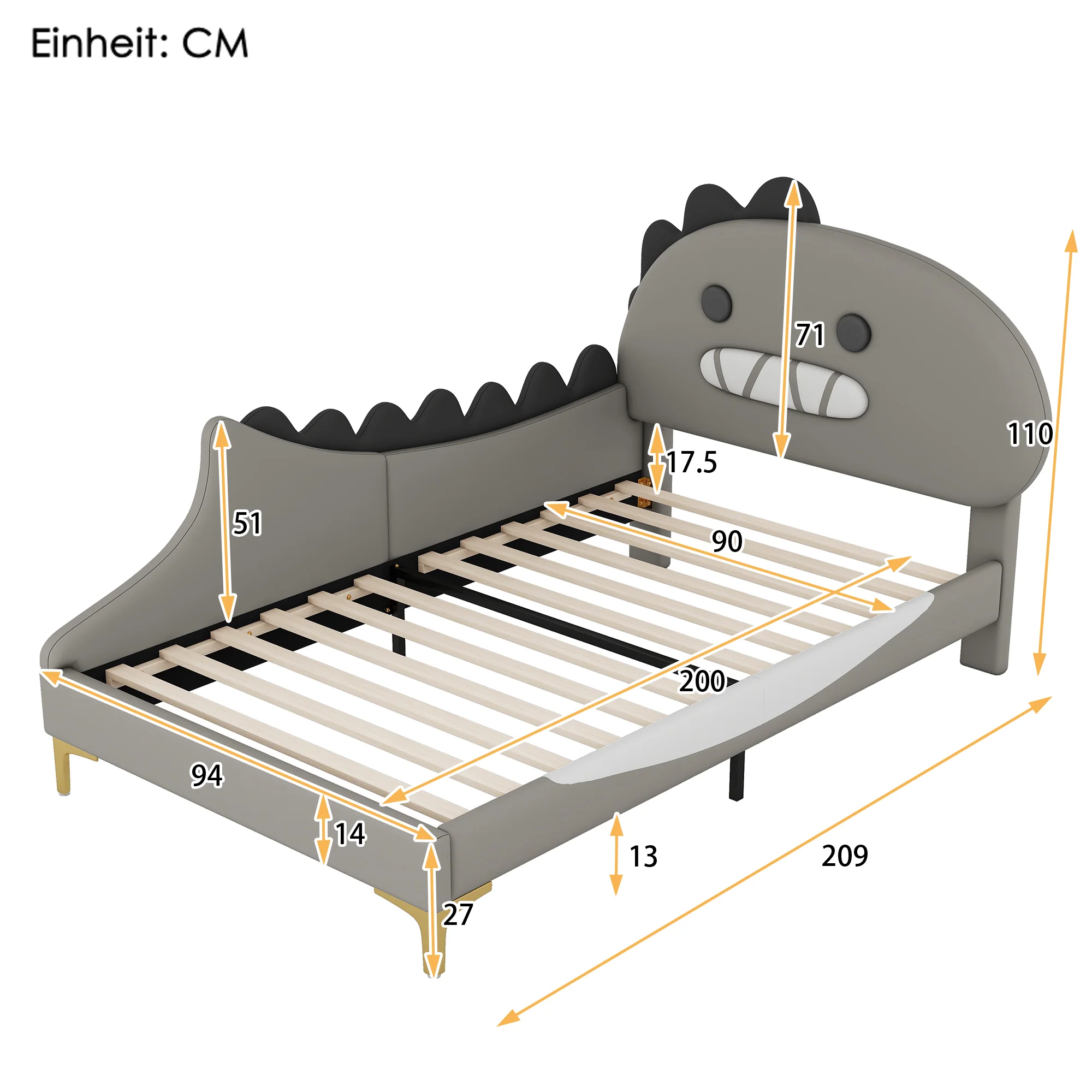 Children's Bed 90x200cm Dinosaur Shape Flat Bed - PU Grey - Image 6