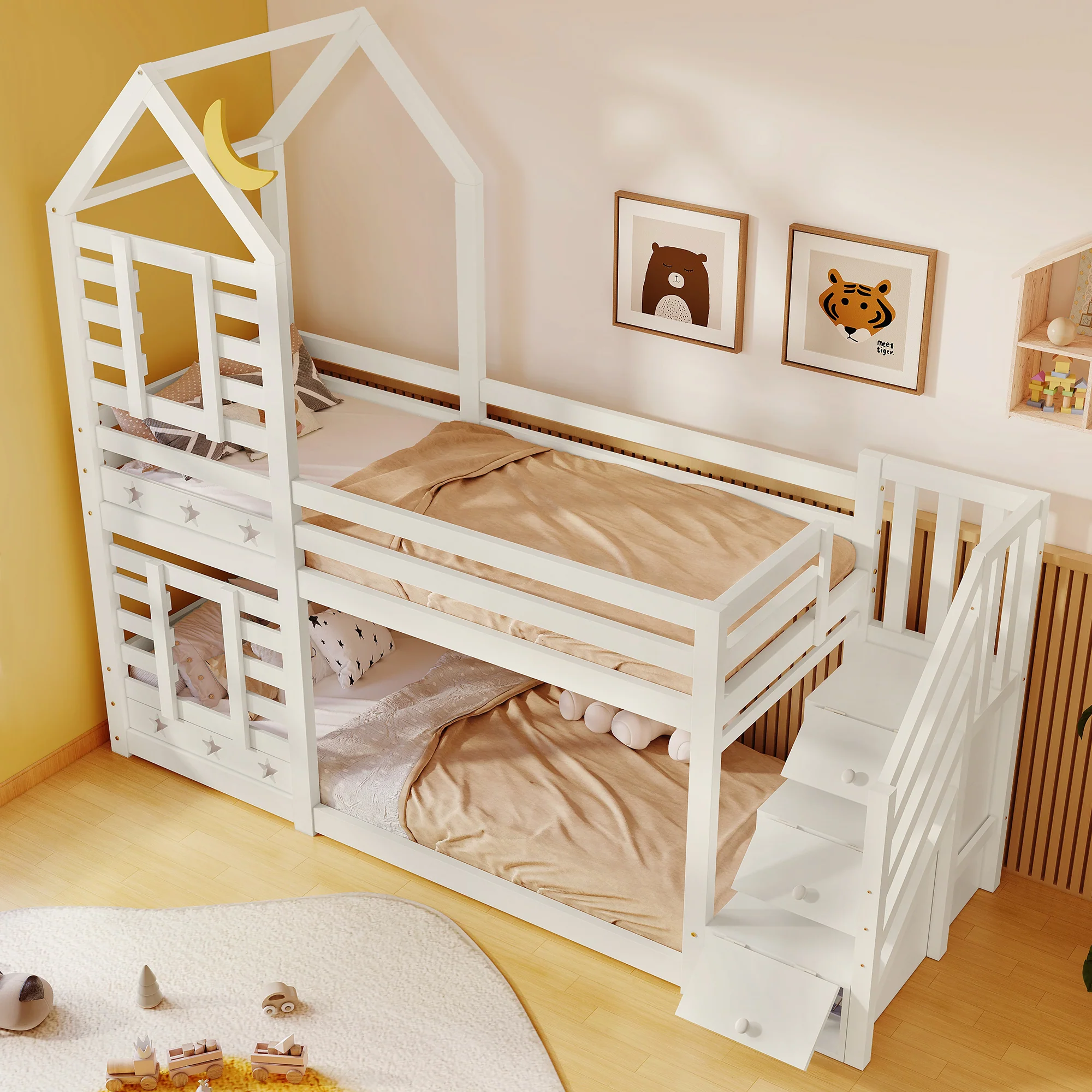 Children's Bed, Tree House Bunk Bed with Drawers & Fall Protection, White - Image 10