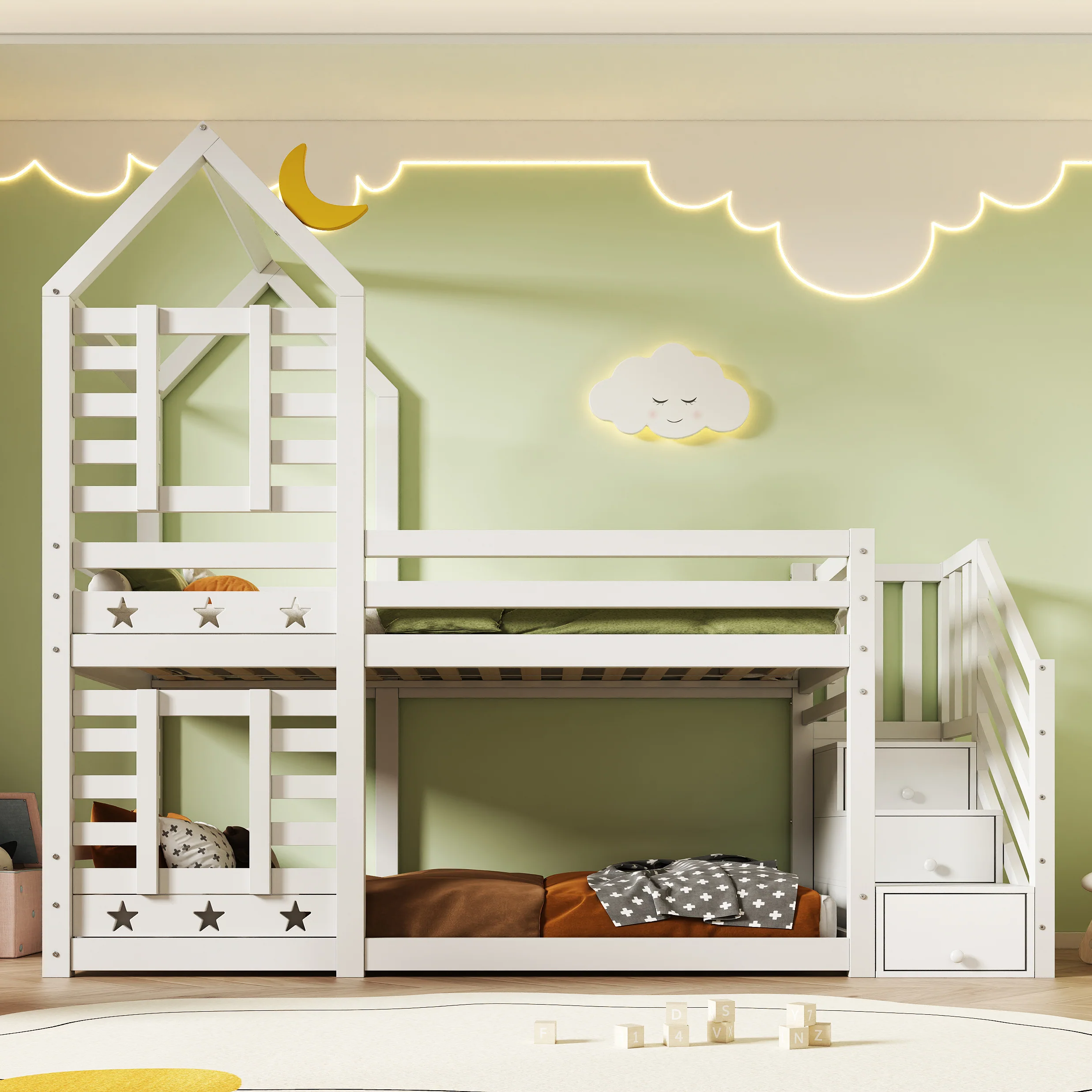 Children's Bed, Tree House Bunk Bed with Drawers & Fall Protection, White - Image 3