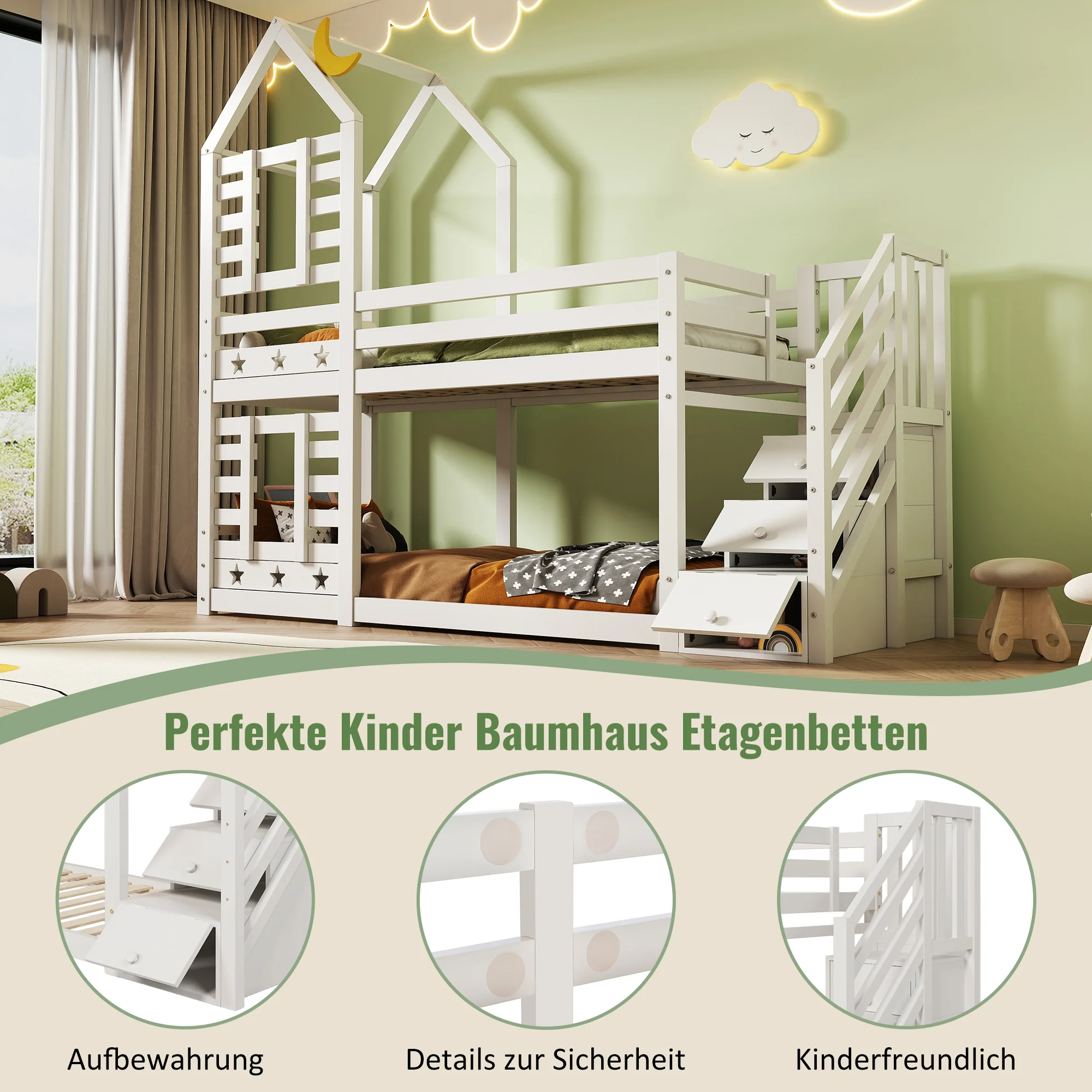 Children's Bed, Tree House Bunk Bed with Drawers & Fall Protection, White - Image 4