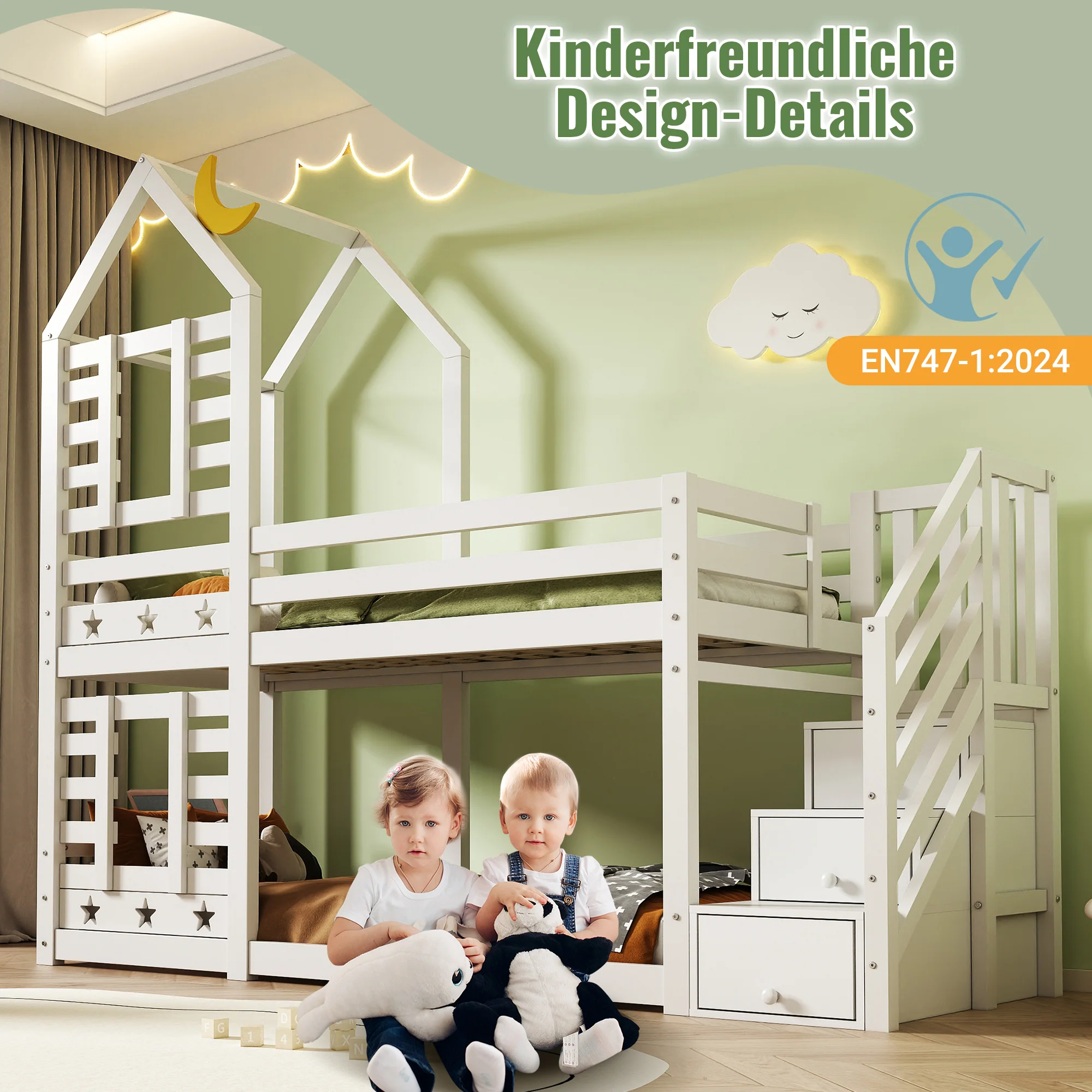 Children's Bed, Tree House Bunk Bed with Drawers & Fall Protection, White - Image 6
