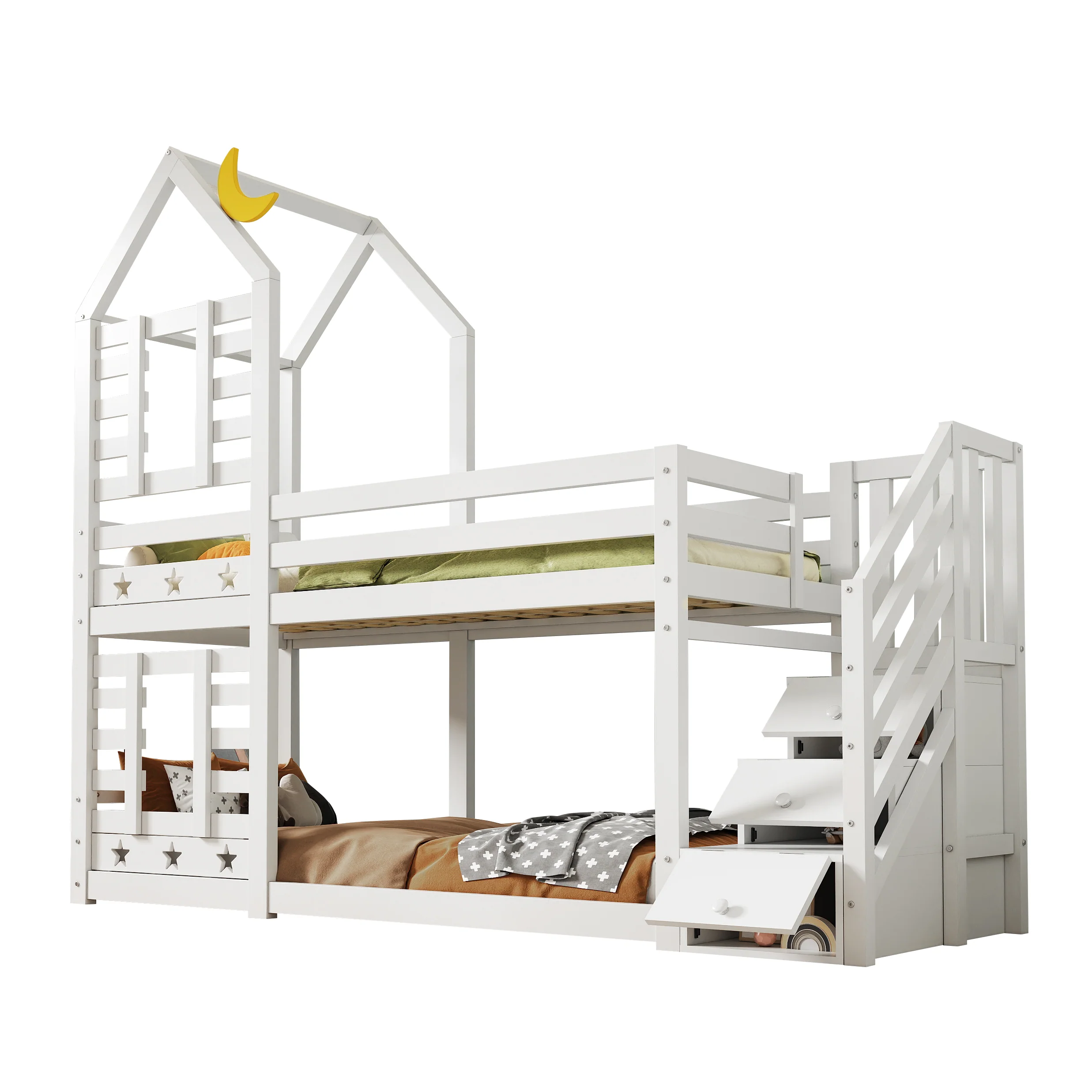 Children's Bed, Tree House Bunk Bed with Drawers & Fall Protection, White - Image 7