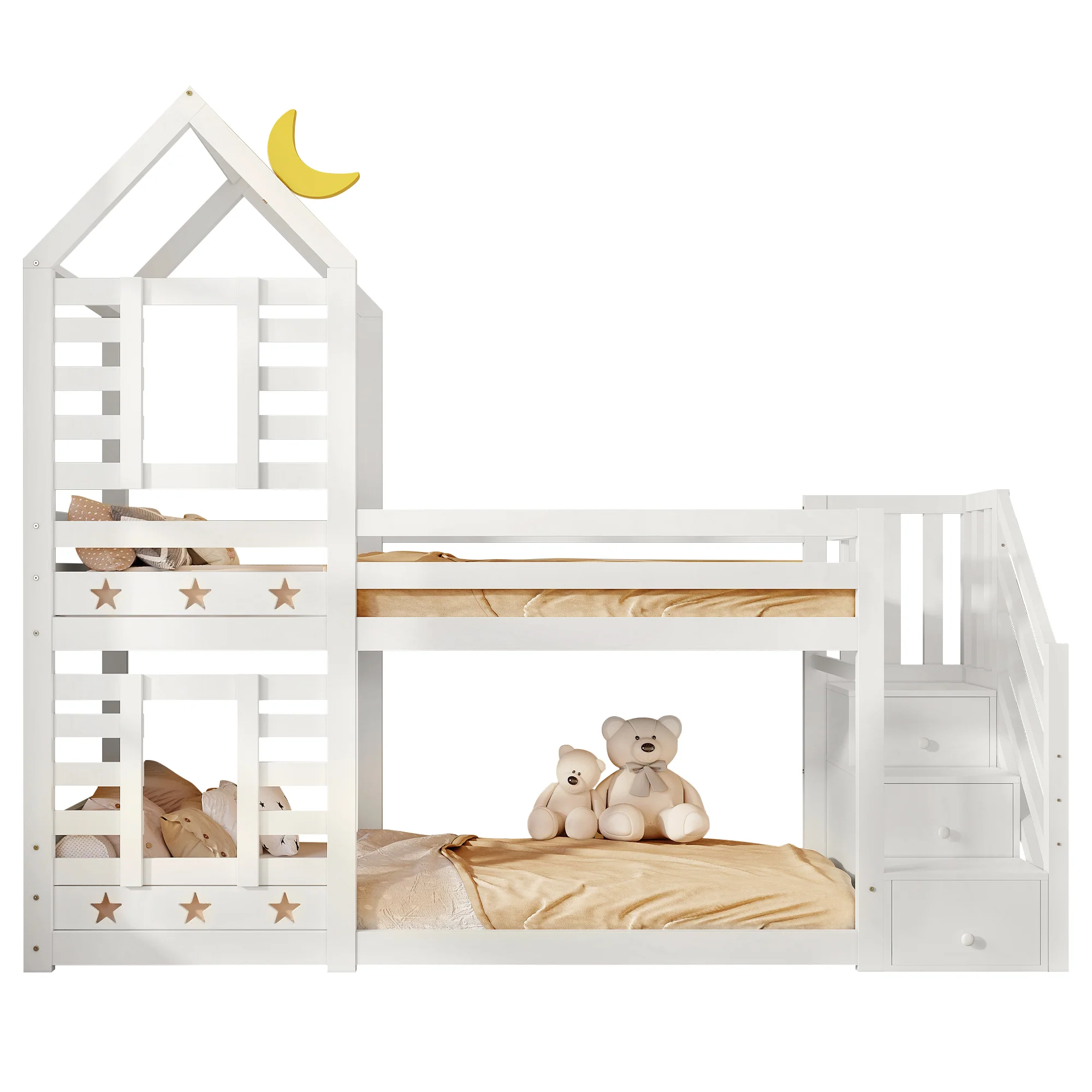 Children's Bed, Tree House Bunk Bed with Drawers & Fall Protection, White - Image 8