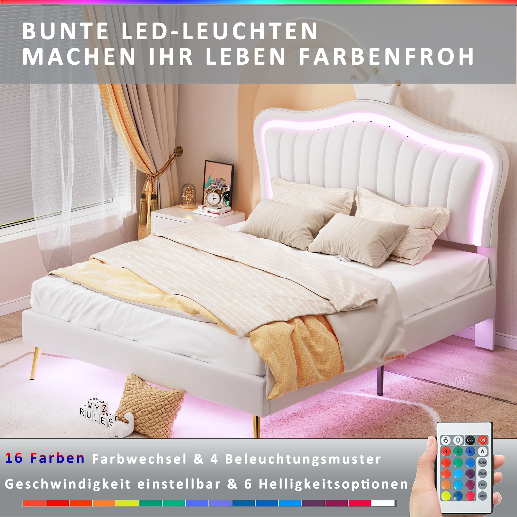 Children's Bed Upholstered, 140x200cm Crown Double with LED Lights, White PU Leather - Image 10