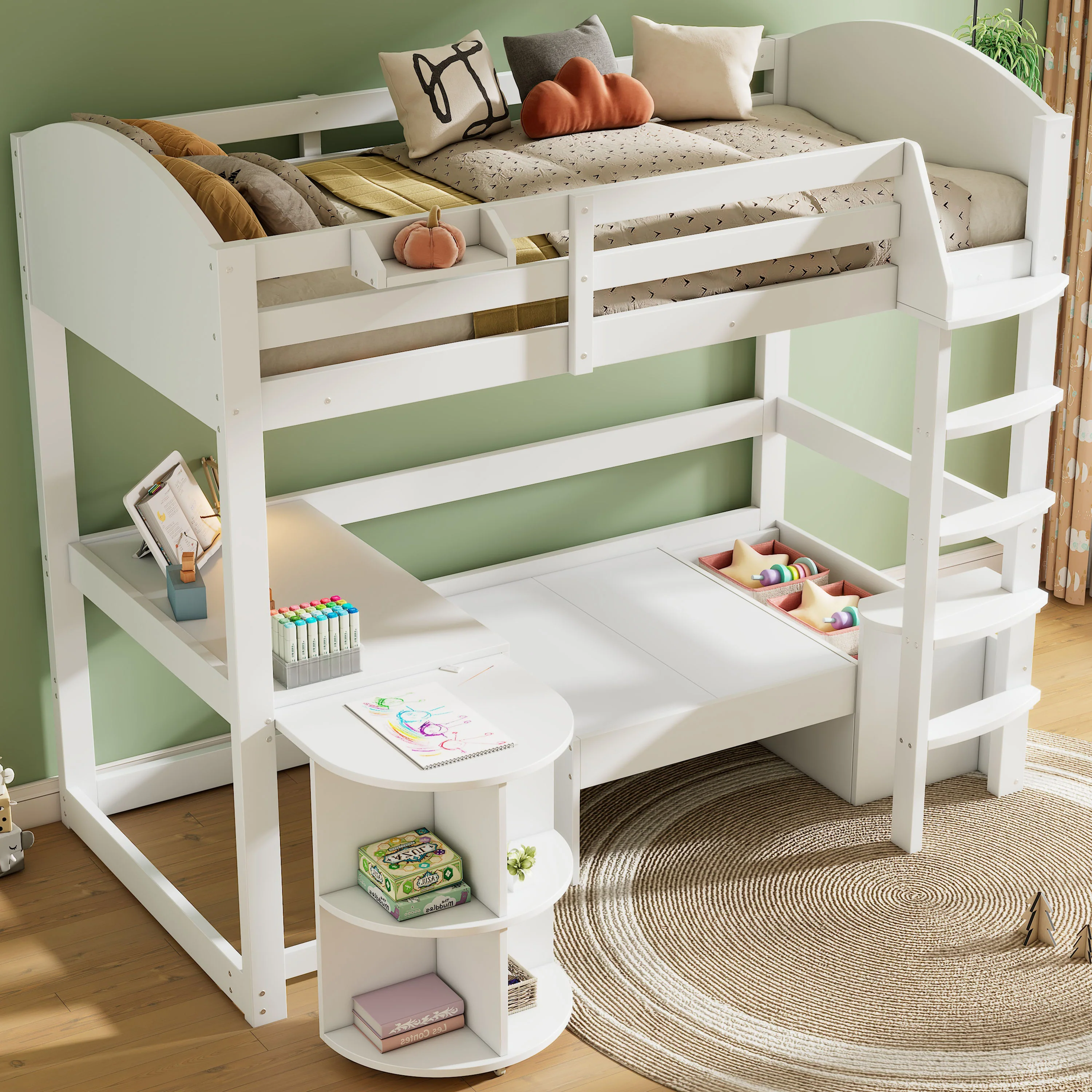 Children's Bunk Bed Multifunctional Ladder Pull-out Table Storage Sofa 90x200, White - Image 2