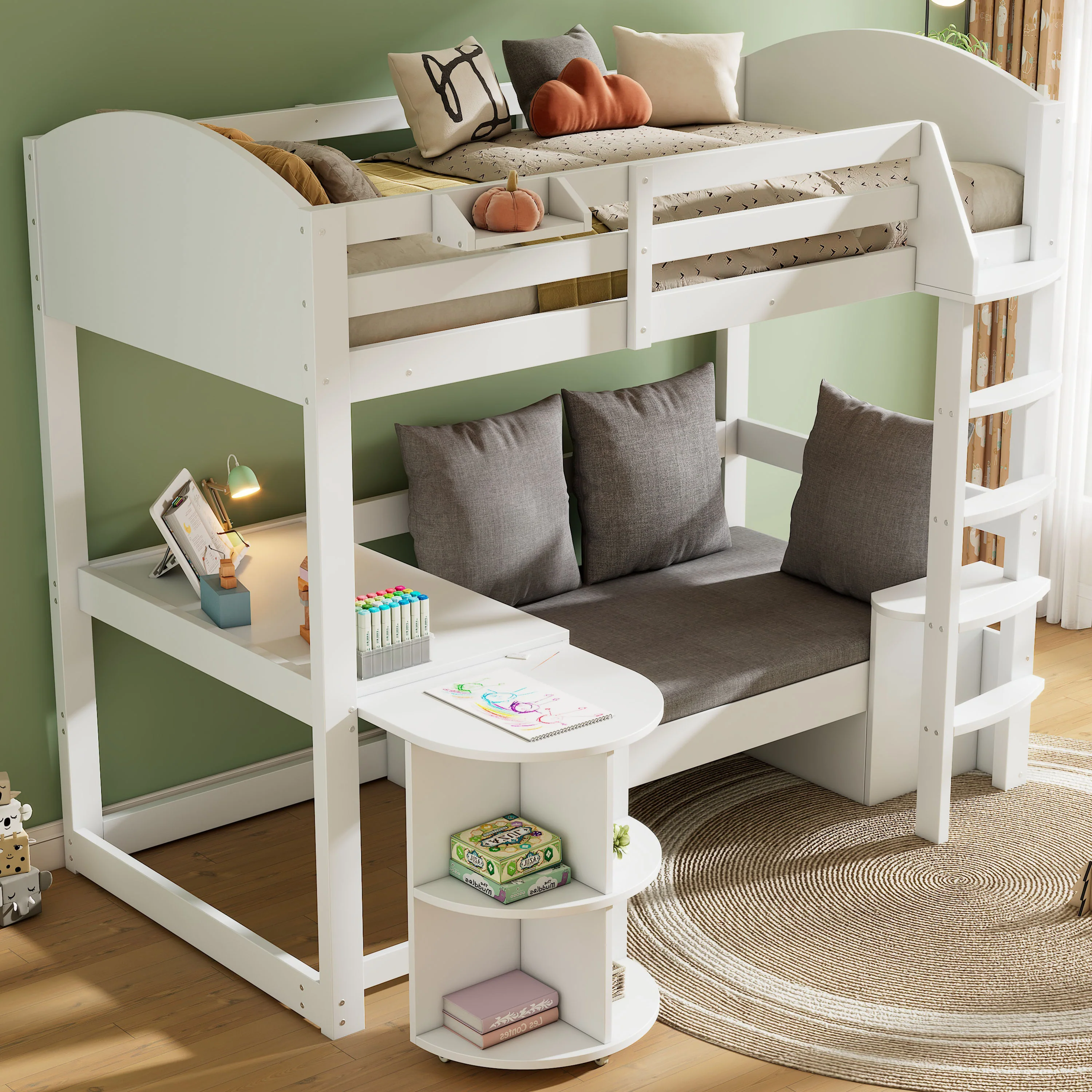 Children's Bunk Bed Multifunctional Ladder Pull-out Table Storage Sofa 90x200, White - Image 3