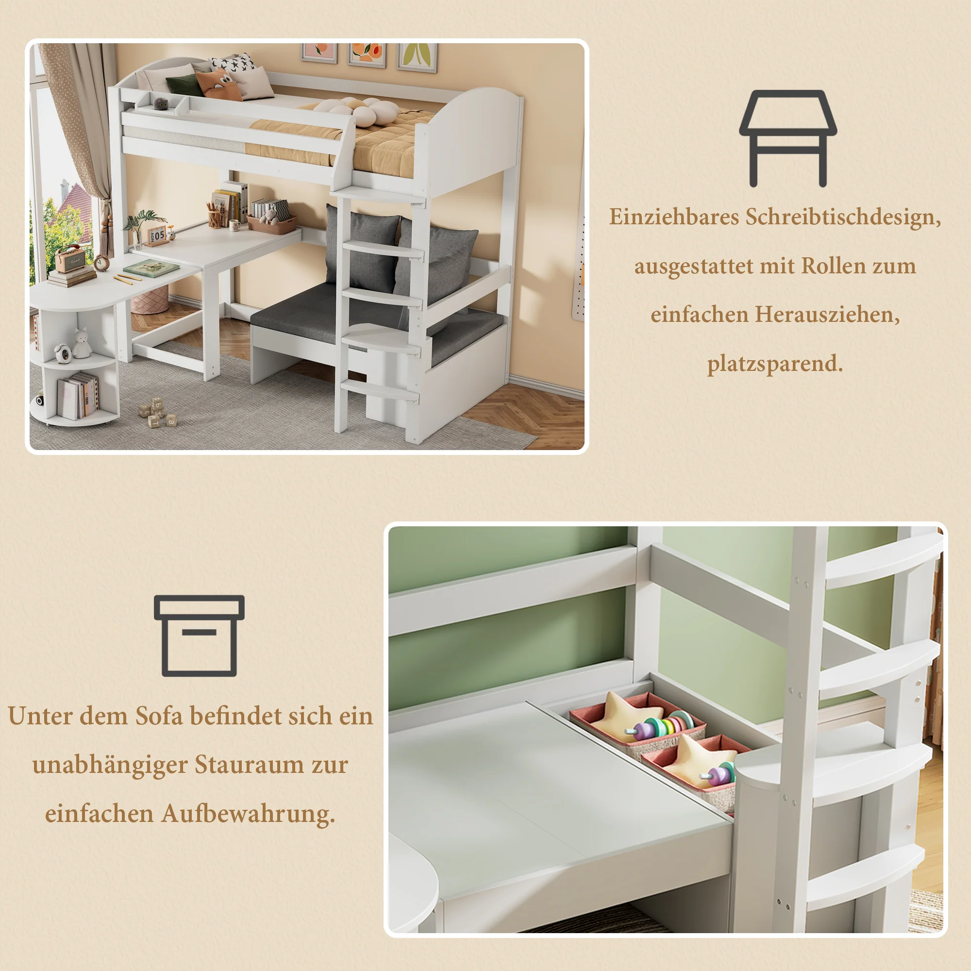 Children's Bunk Bed Multifunctional Ladder Pull-out Table Storage Sofa 90x200, White - Image 4
