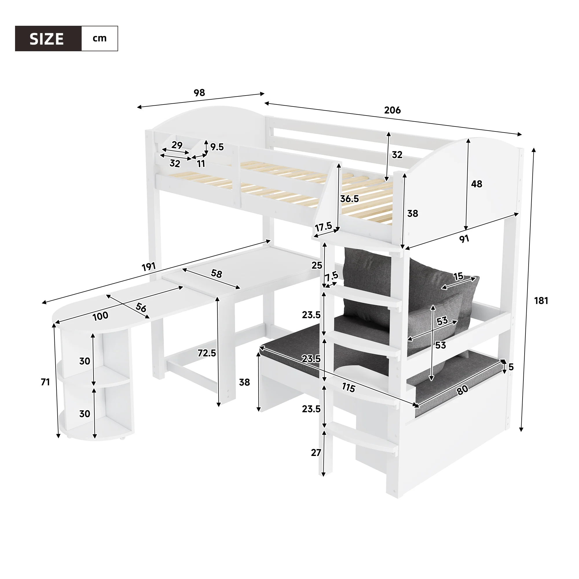 Children's Bunk Bed Multifunctional Ladder Pull-out Table Storage Sofa 90x200, White - Image 5