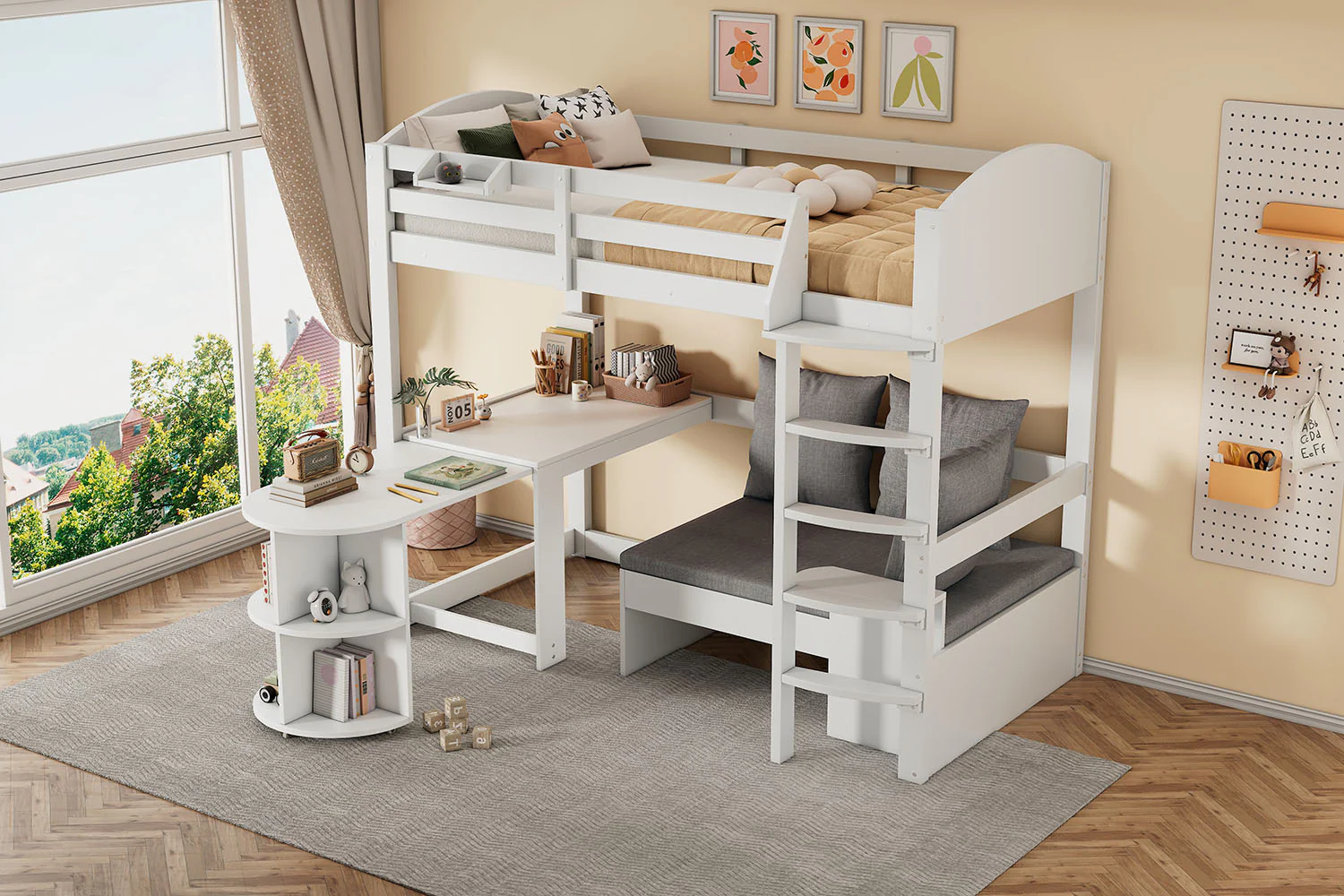 Children's Bunk Bed Multifunctional Ladder Pull-out Table Storage Sofa 90x200, White - Image 6