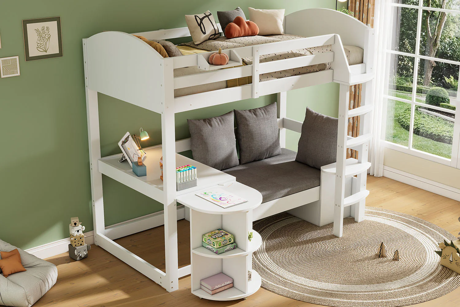 Children's Bunk Bed Multifunctional Ladder Pull-out Table Storage Sofa 90x200, White - Image 7