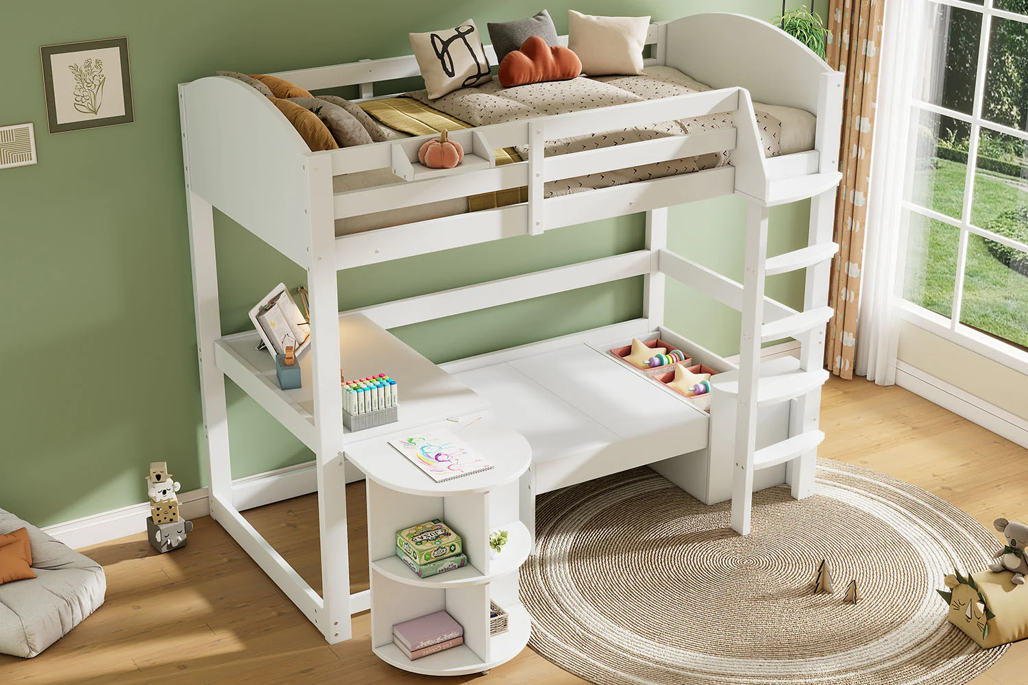 Children's Bunk Bed Multifunctional Ladder Pull-out Table Storage Sofa 90x200, White - Image 8