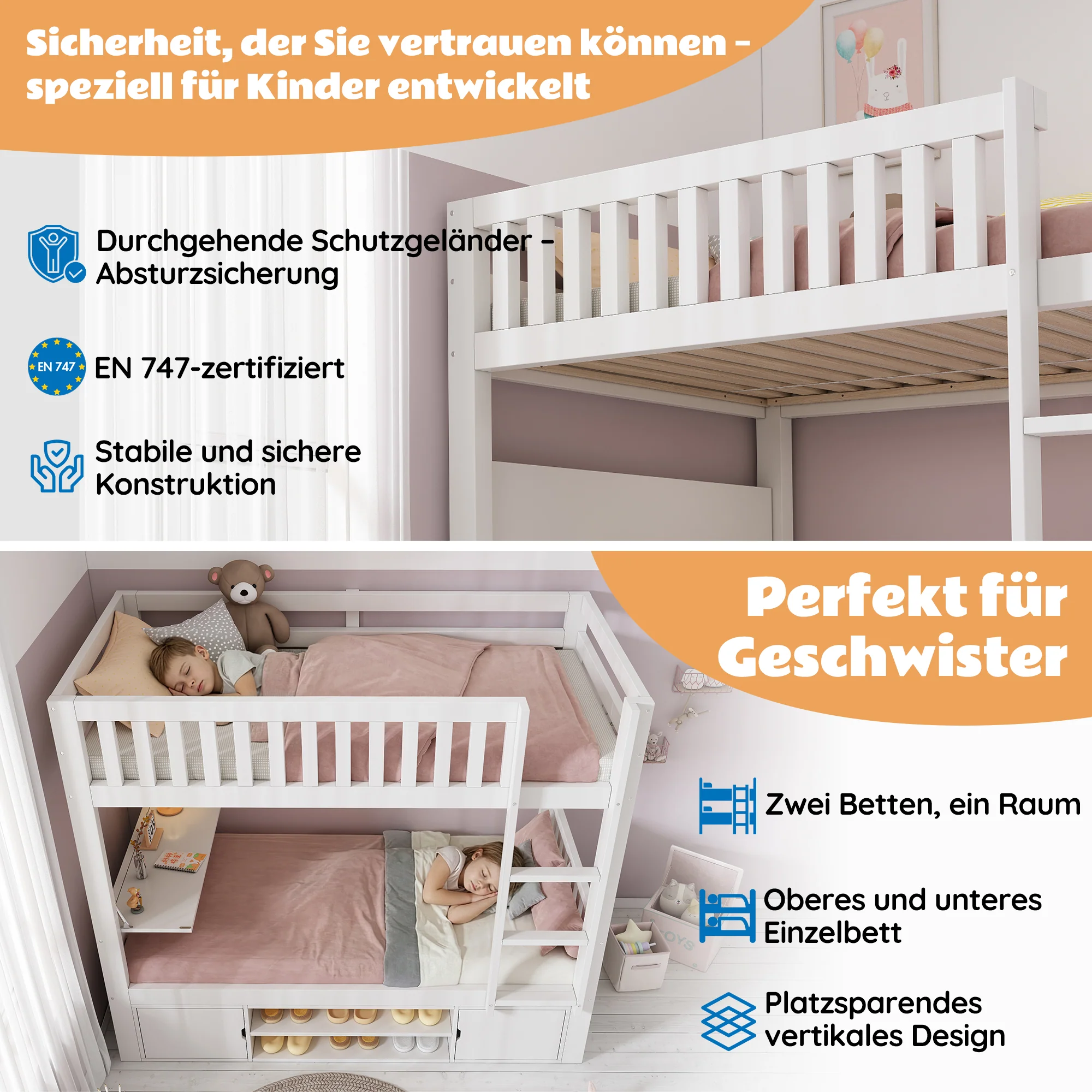 Children's Loft Bed 90x200cm with Fold-down Tabletop and Integrated Shoe Rack, White - Image 3