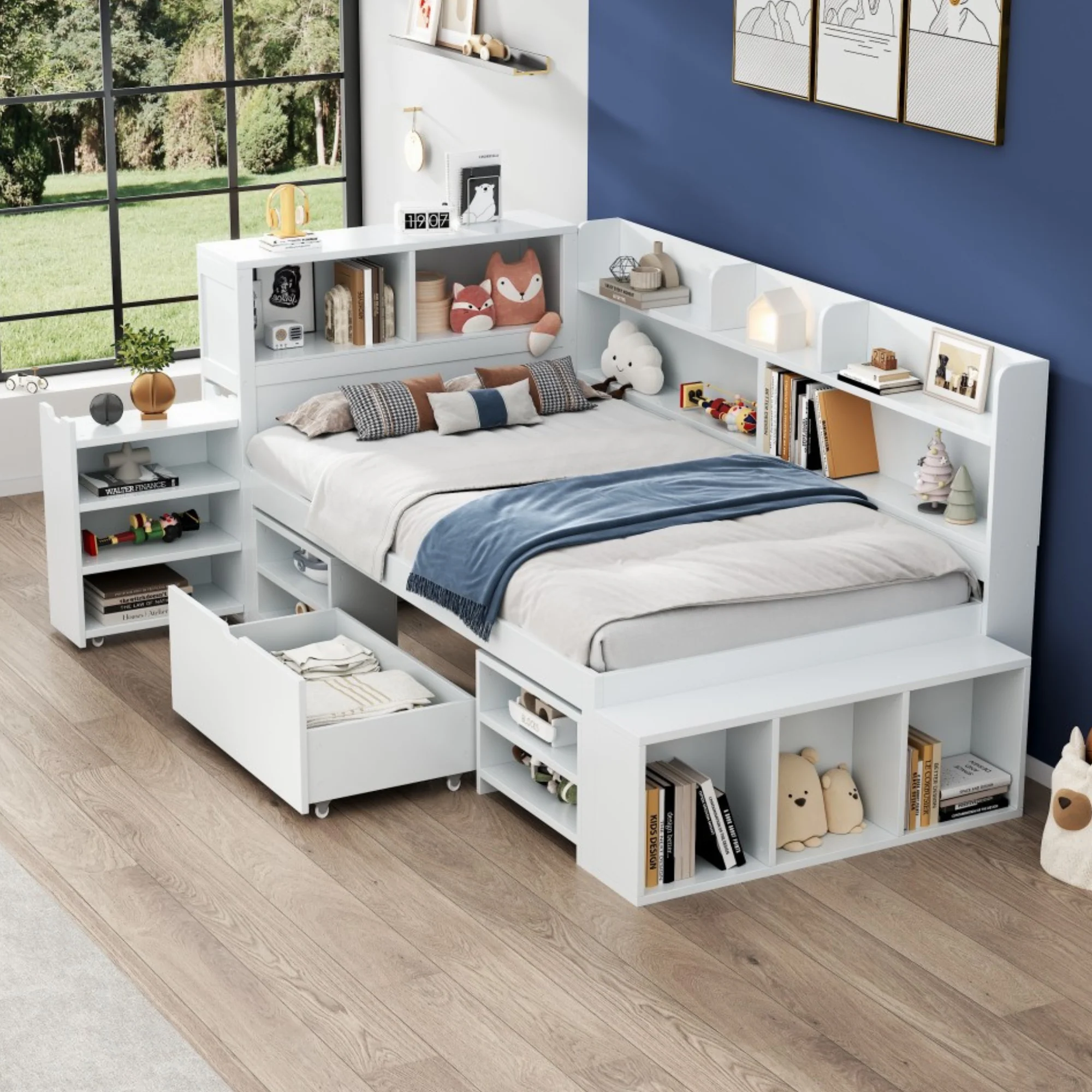 Children's Single Bed 90x200cm Storage Drawers Bookshelf - White
