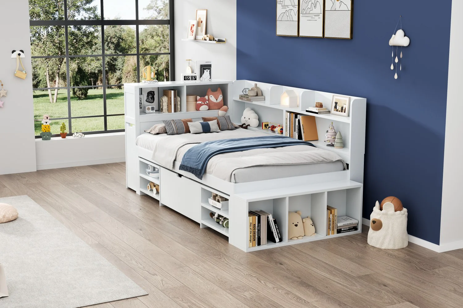 Children's Single Bed 90x200cm Storage Drawers Bookshelf - White - Image 10