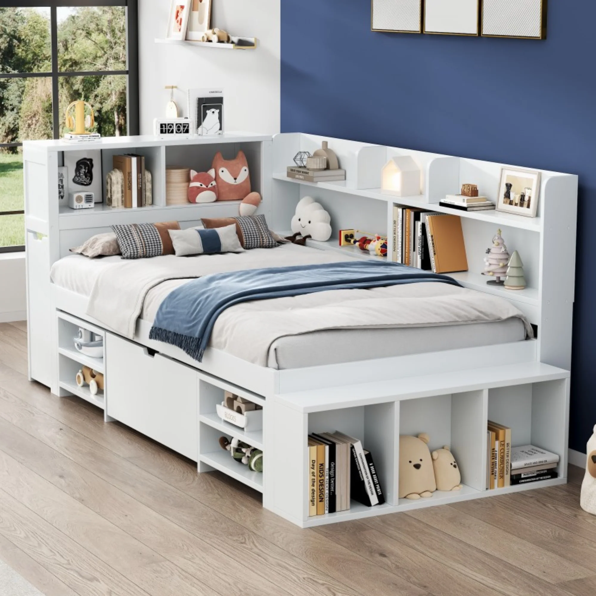 Children's Single Bed 90x200cm Storage Drawers Bookshelf - White - Image 2