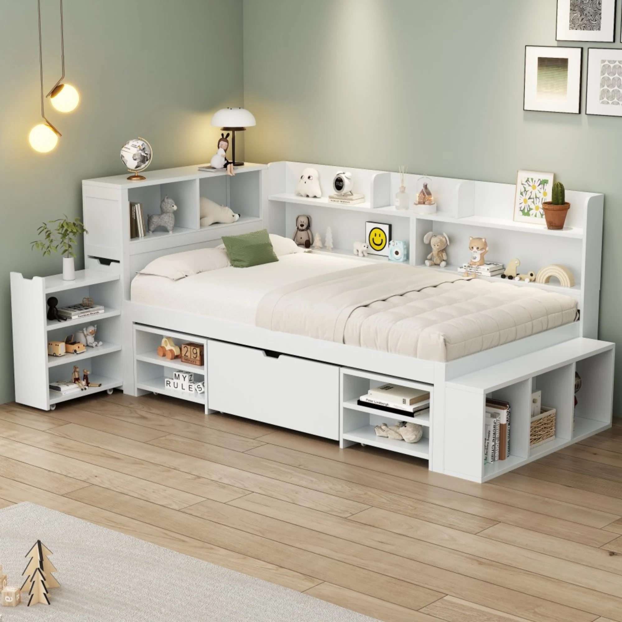 Children's Single Bed 90x200cm Storage Drawers Bookshelf - White - Image 3