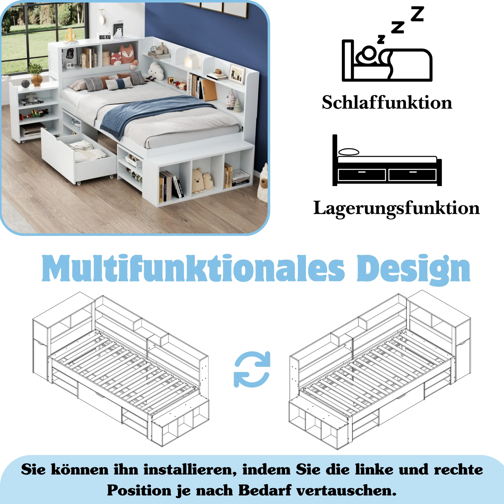 Children's Single Bed 90x200cm Storage Drawers Bookshelf - White - Image 4