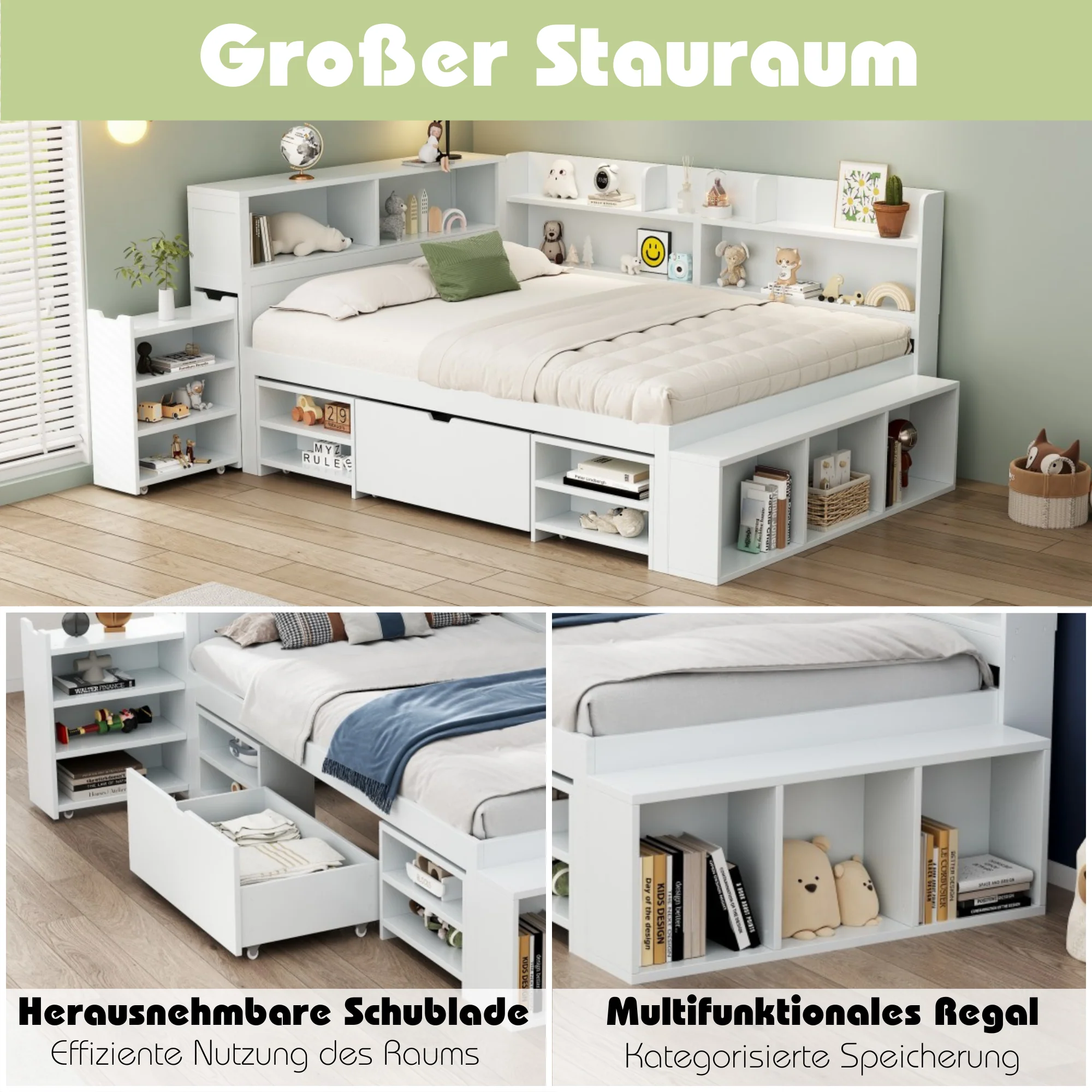Children's Single Bed 90x200cm Storage Drawers Bookshelf - White - Image 5