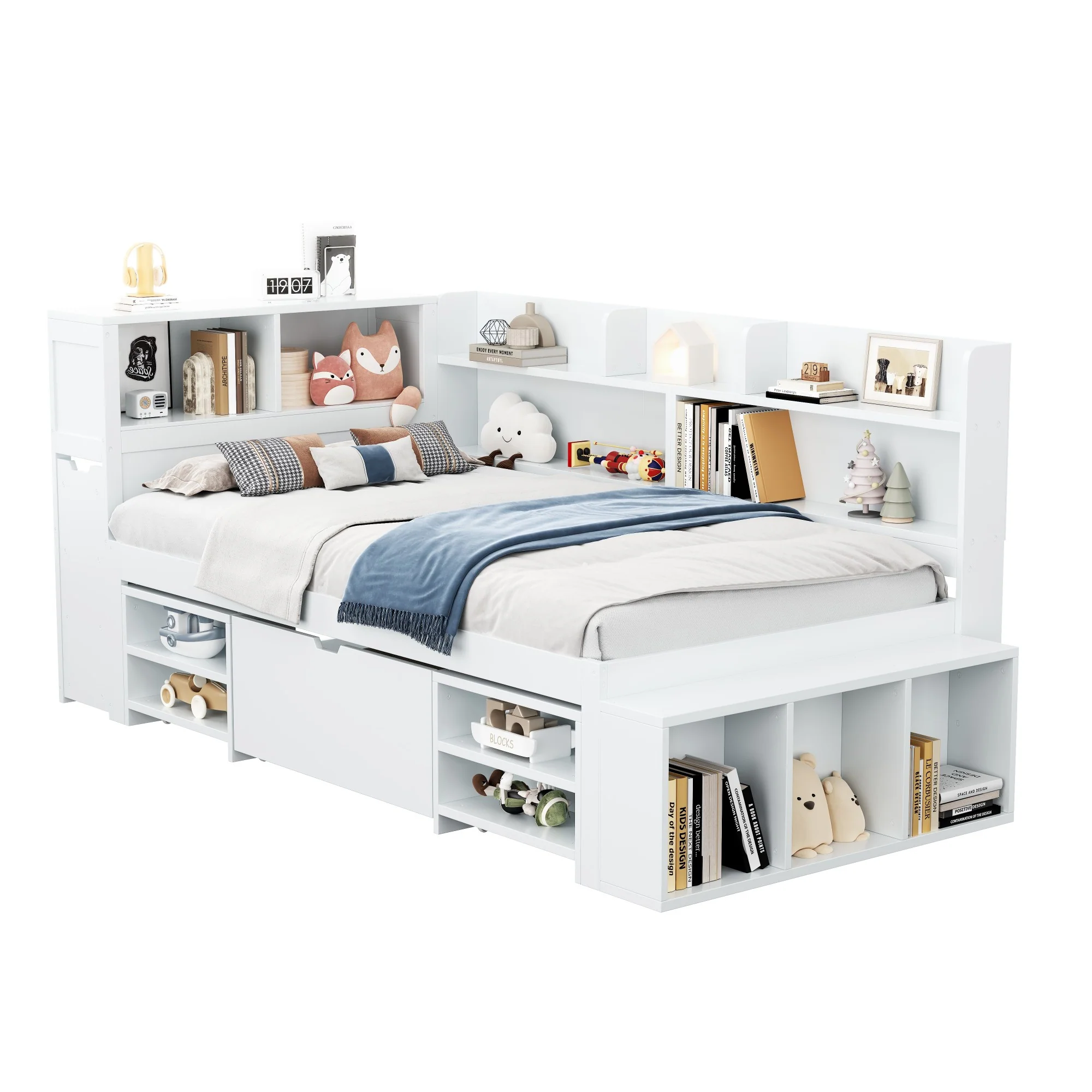 Children's Single Bed 90x200cm Storage Drawers Bookshelf - White - Image 6