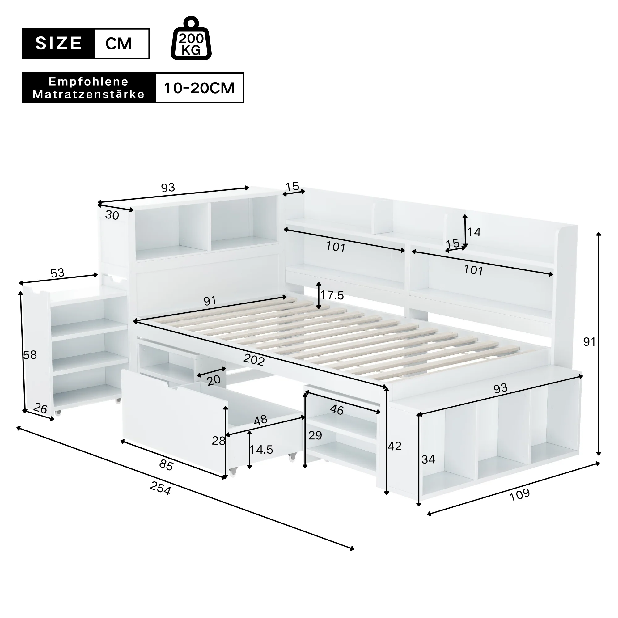 Children's Single Bed 90x200cm Storage Drawers Bookshelf - White - Image 7
