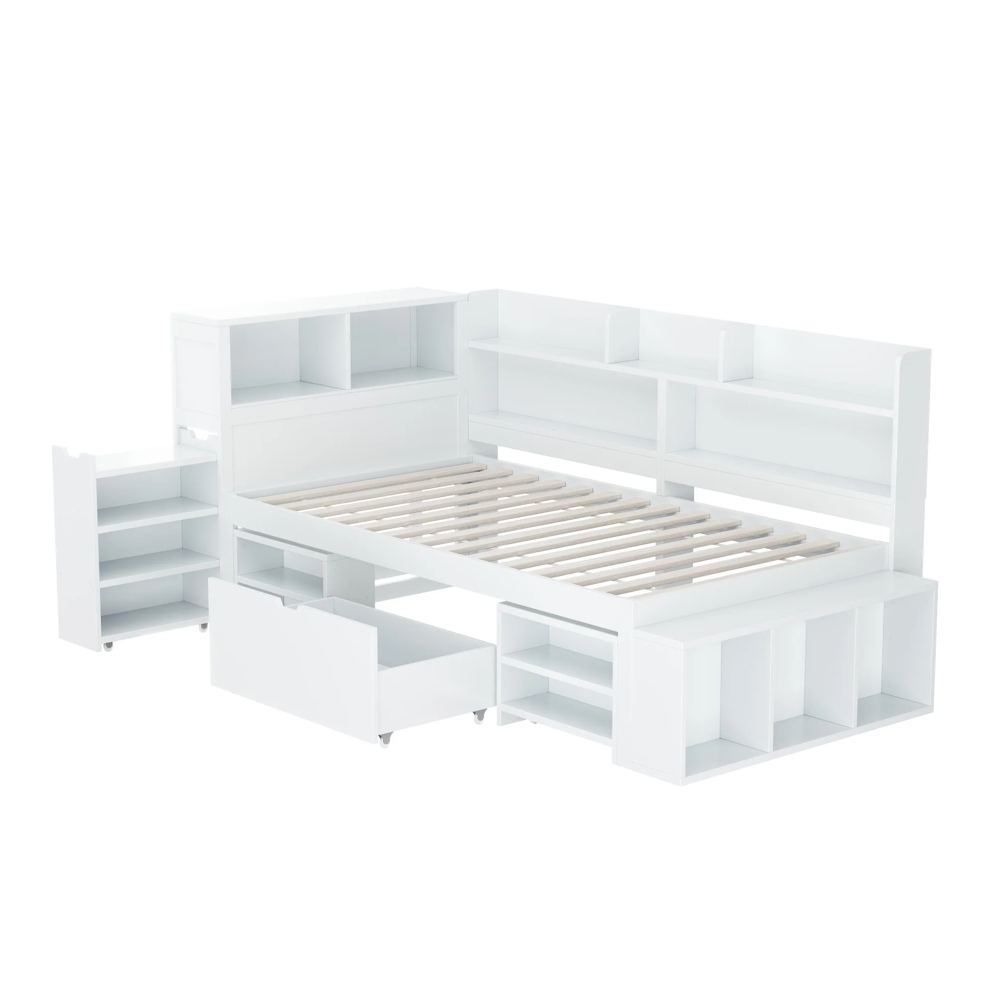 Children's Single Bed 90x200cm Storage Drawers Bookshelf - White - Image 9