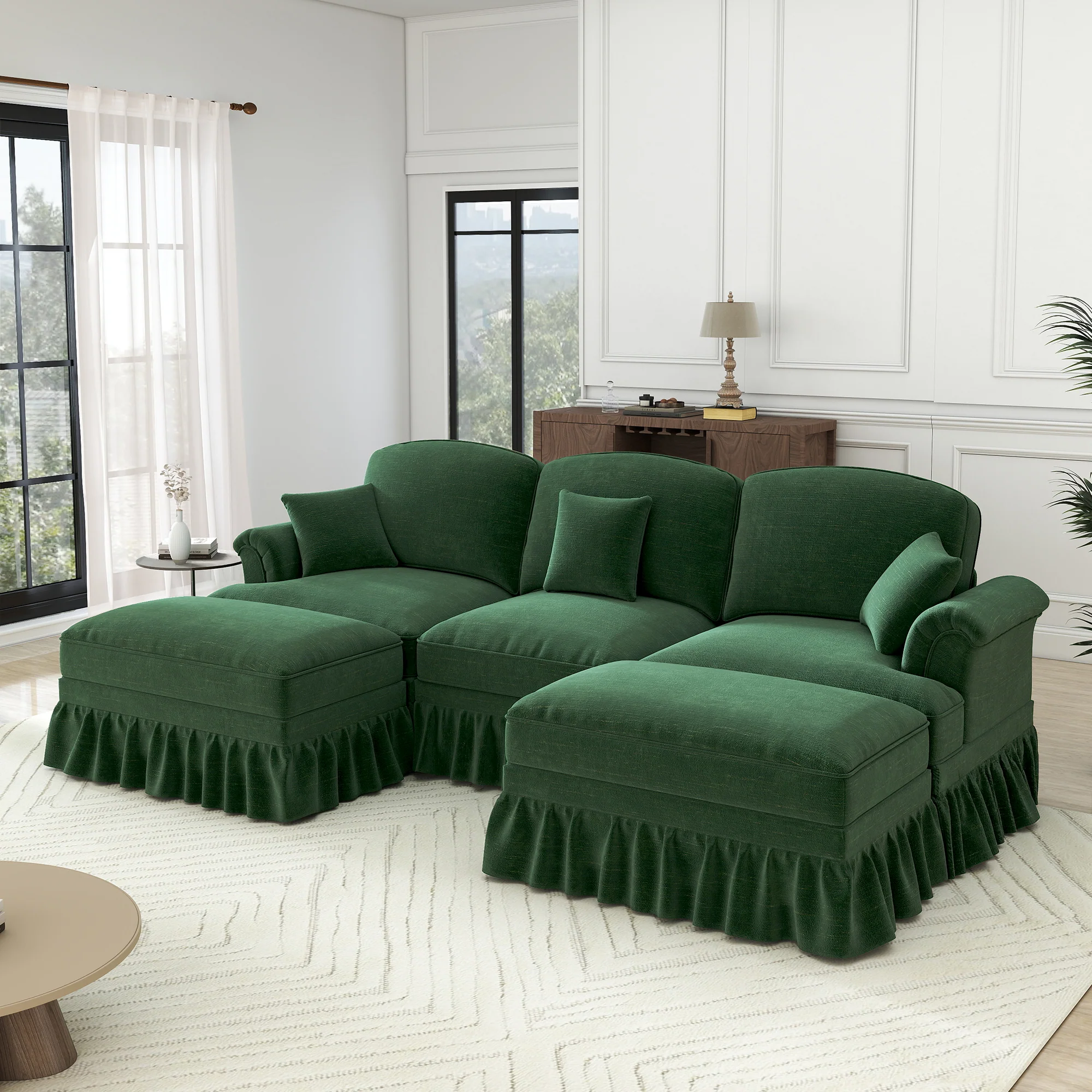 Classic U-Shaped Modular Sofa with Ottoman, Chenille - Green - Image 2
