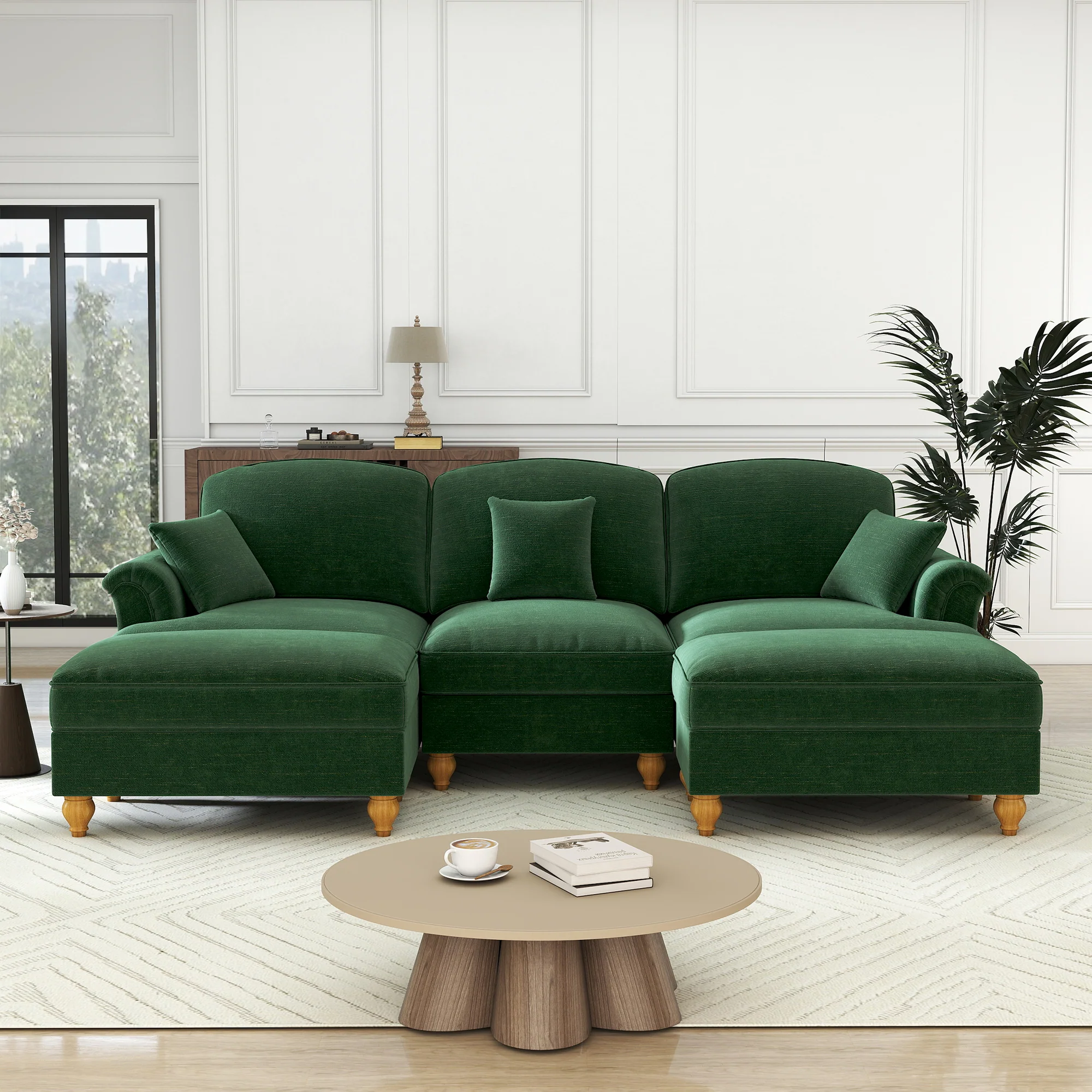 Classic U-Shaped Modular Sofa with Ottoman, Chenille - Green - Image 3