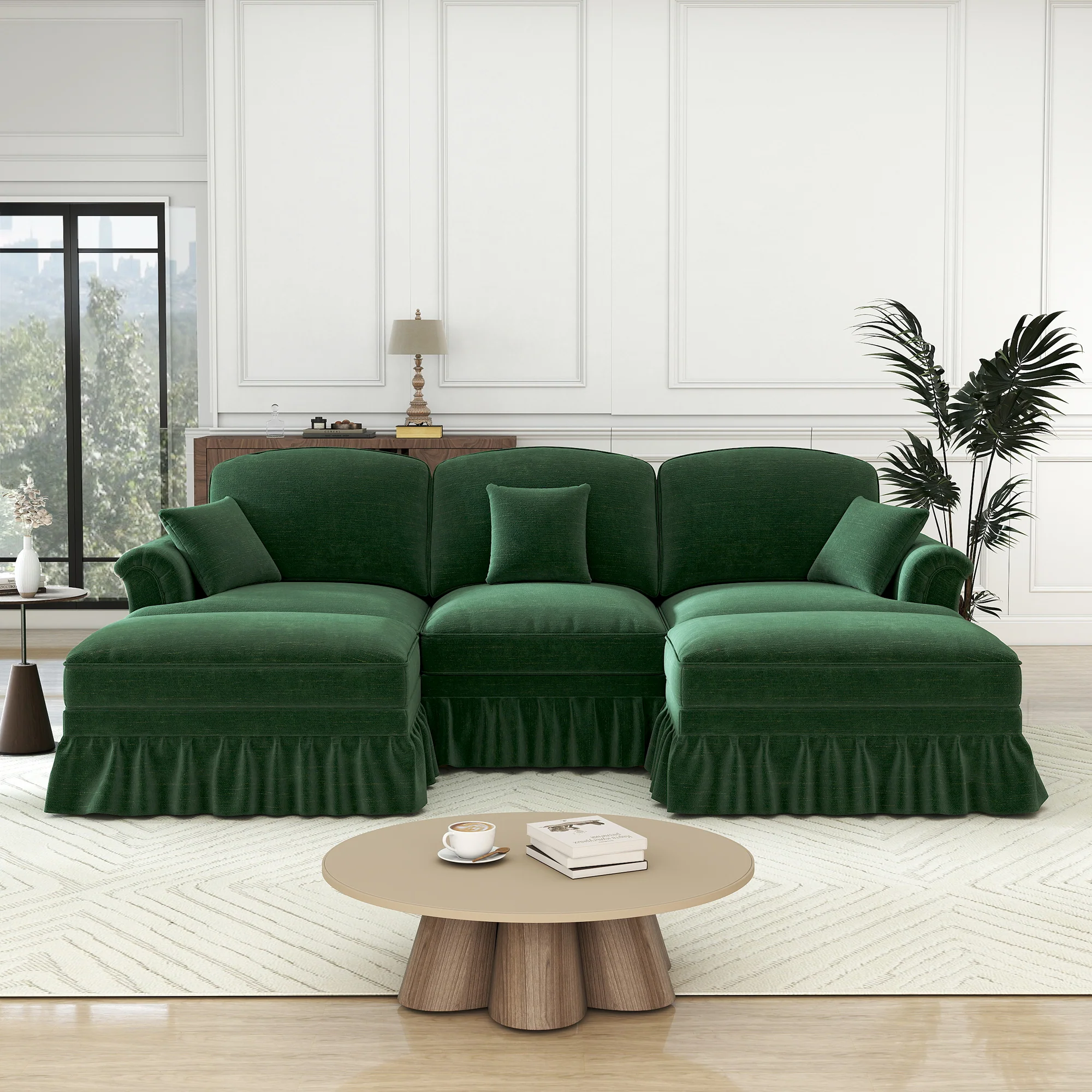 Classic U-Shaped Modular Sofa with Ottoman, Chenille - Green - Image 4
