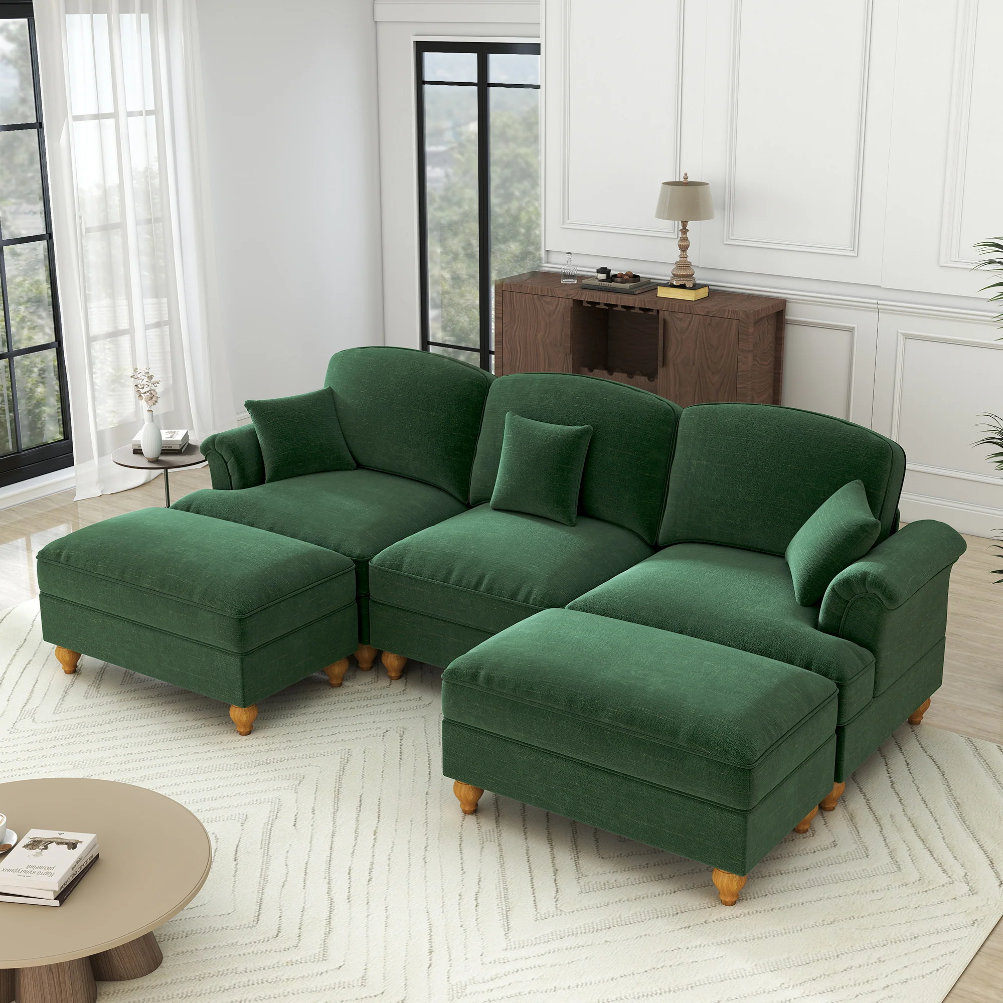 Classic U-Shaped Modular Sofa with Ottoman, Chenille - Green - Image 5