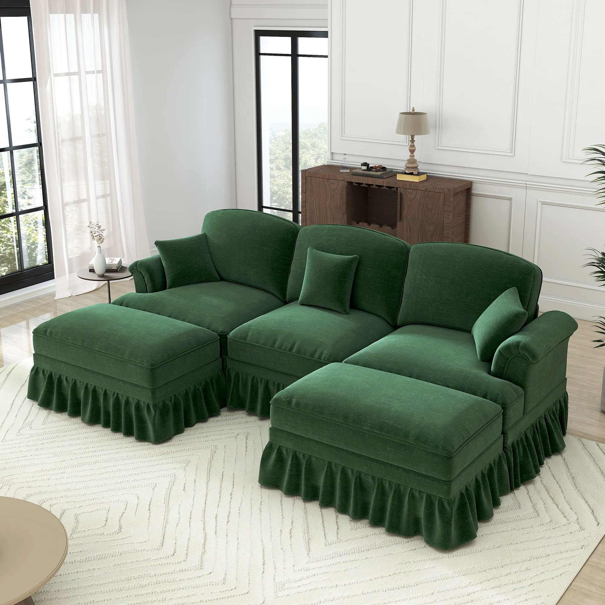 Classic U-Shaped Modular Sofa with Ottoman, Chenille - Green - Image 6