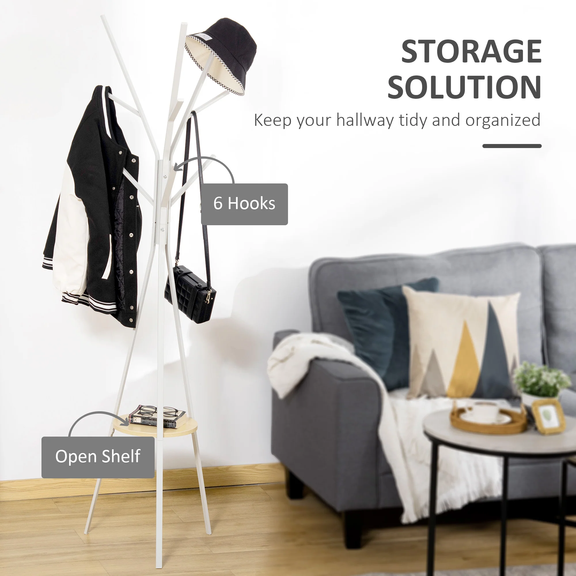 Coat Rack, Standing Hallway, Metal White - Image 4