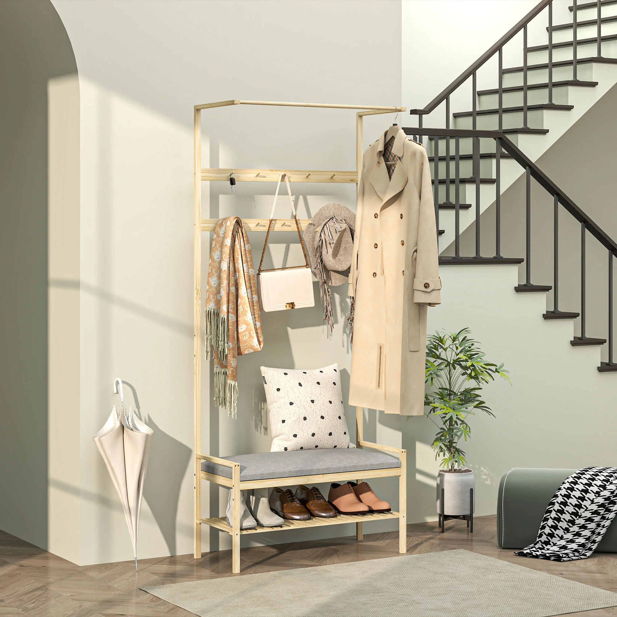 Coat Rack with Shoe Bench, Hooks, Shoe Rack, Seat Cushion, Bamboo, Natural