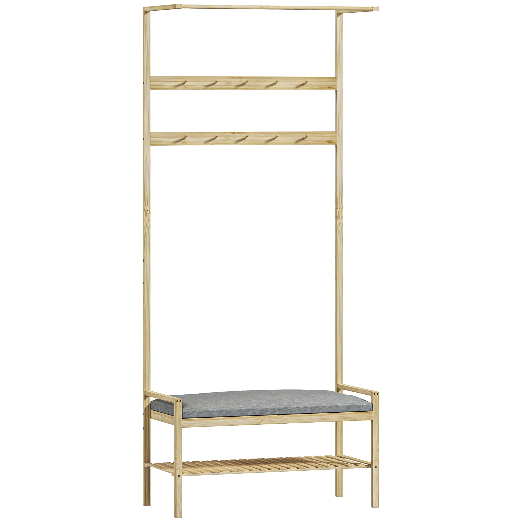 Coat Rack with Shoe Bench, Hooks, Shoe Rack, Seat Cushion, Bamboo, Natural - Image 2