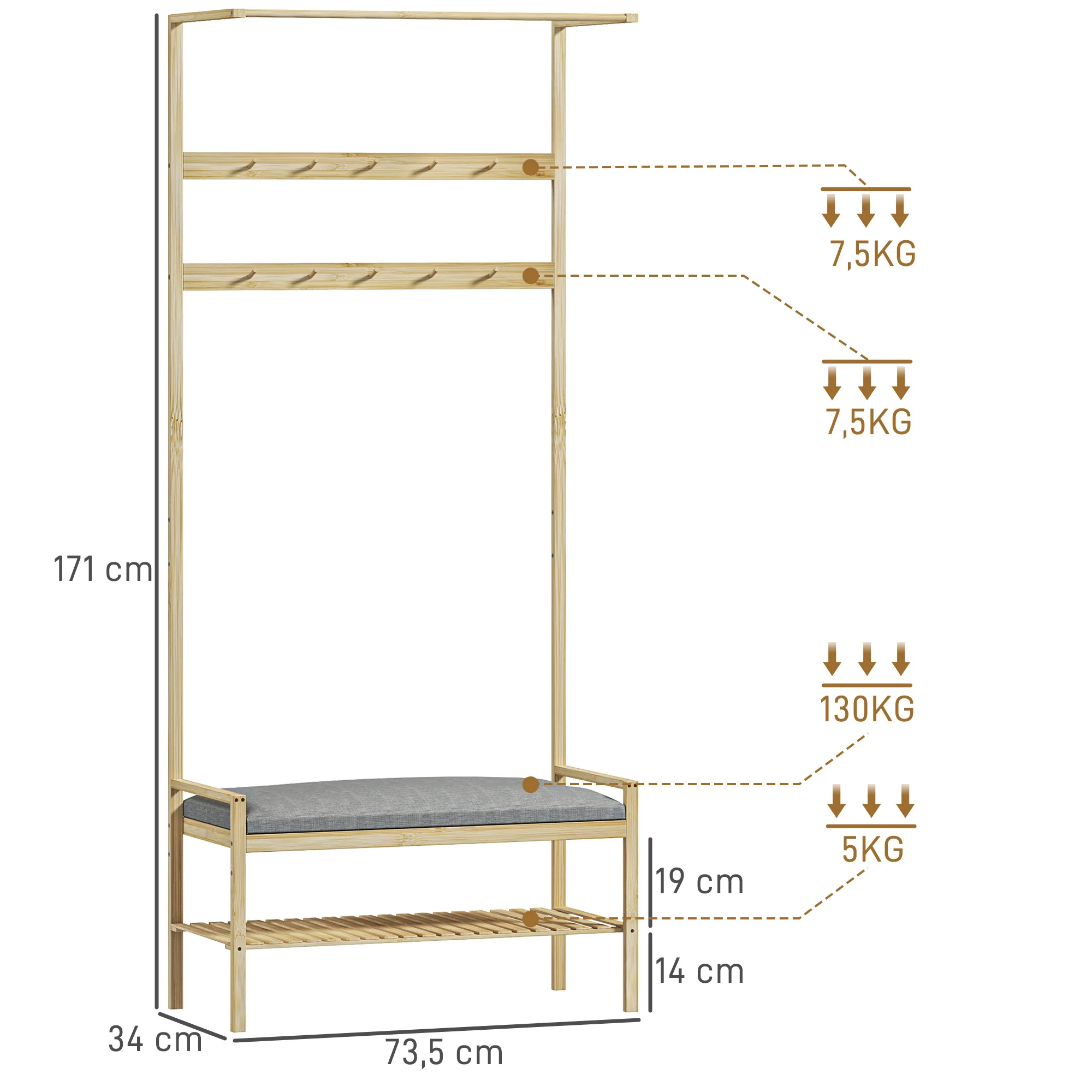 Coat Rack with Shoe Bench, Hooks, Shoe Rack, Seat Cushion, Bamboo, Natural - Image 3