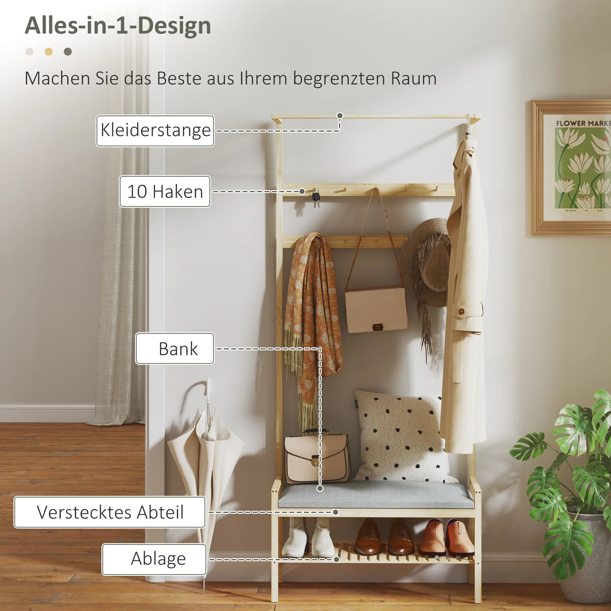 Coat Rack with Shoe Bench, Hooks, Shoe Rack, Seat Cushion, Bamboo, Natural - Image 4
