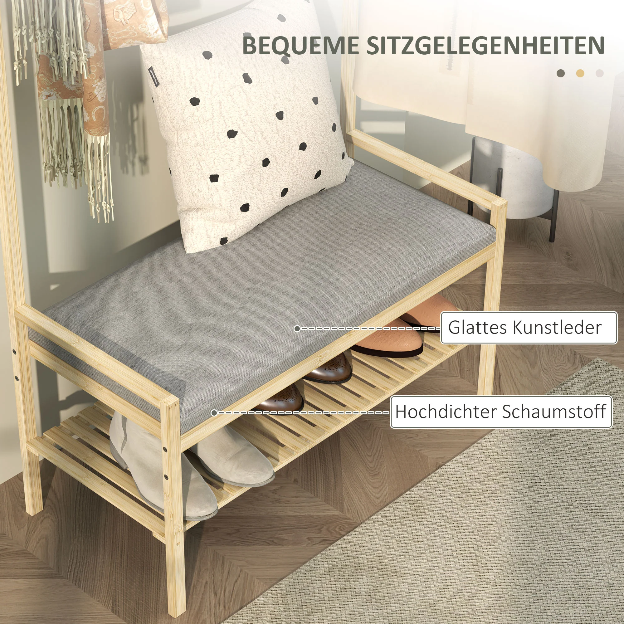 Coat Rack with Shoe Bench, Hooks, Shoe Rack, Seat Cushion, Bamboo, Natural - Image 5
