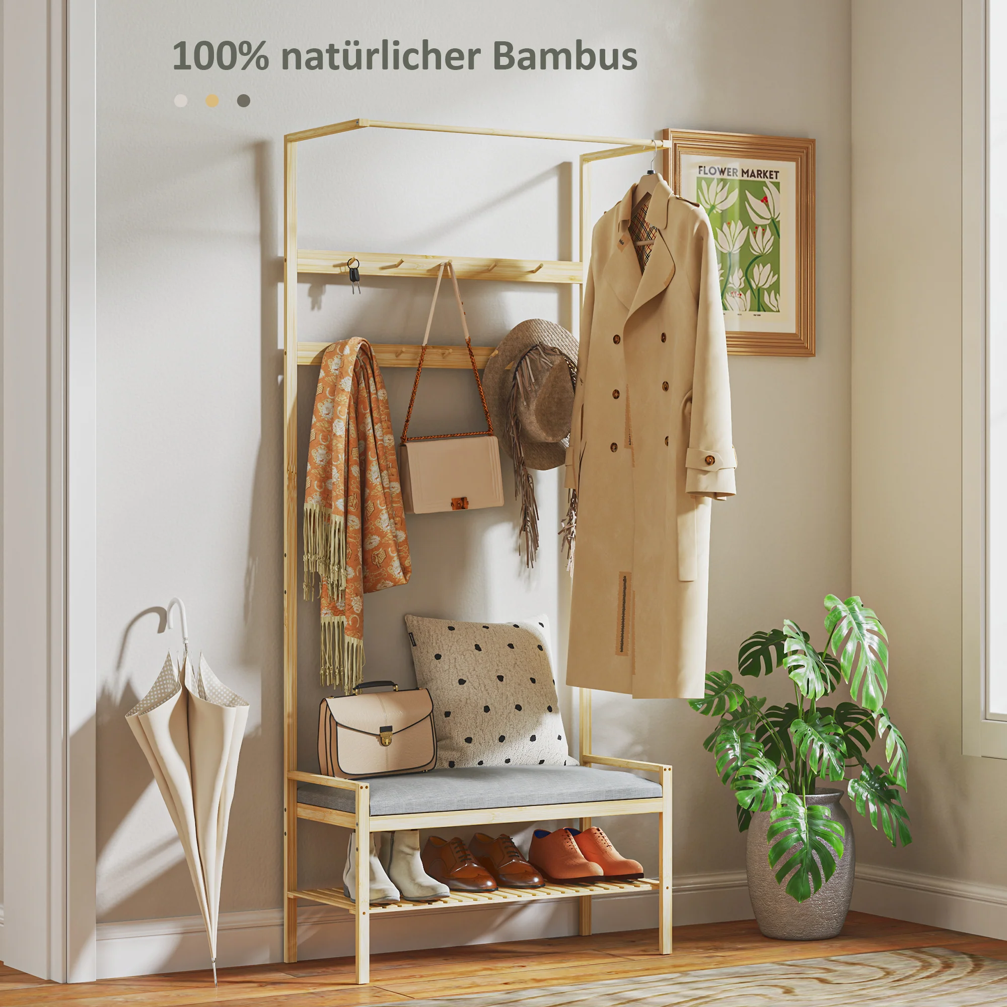 Coat Rack with Shoe Bench, Hooks, Shoe Rack, Seat Cushion, Bamboo, Natural - Image 6