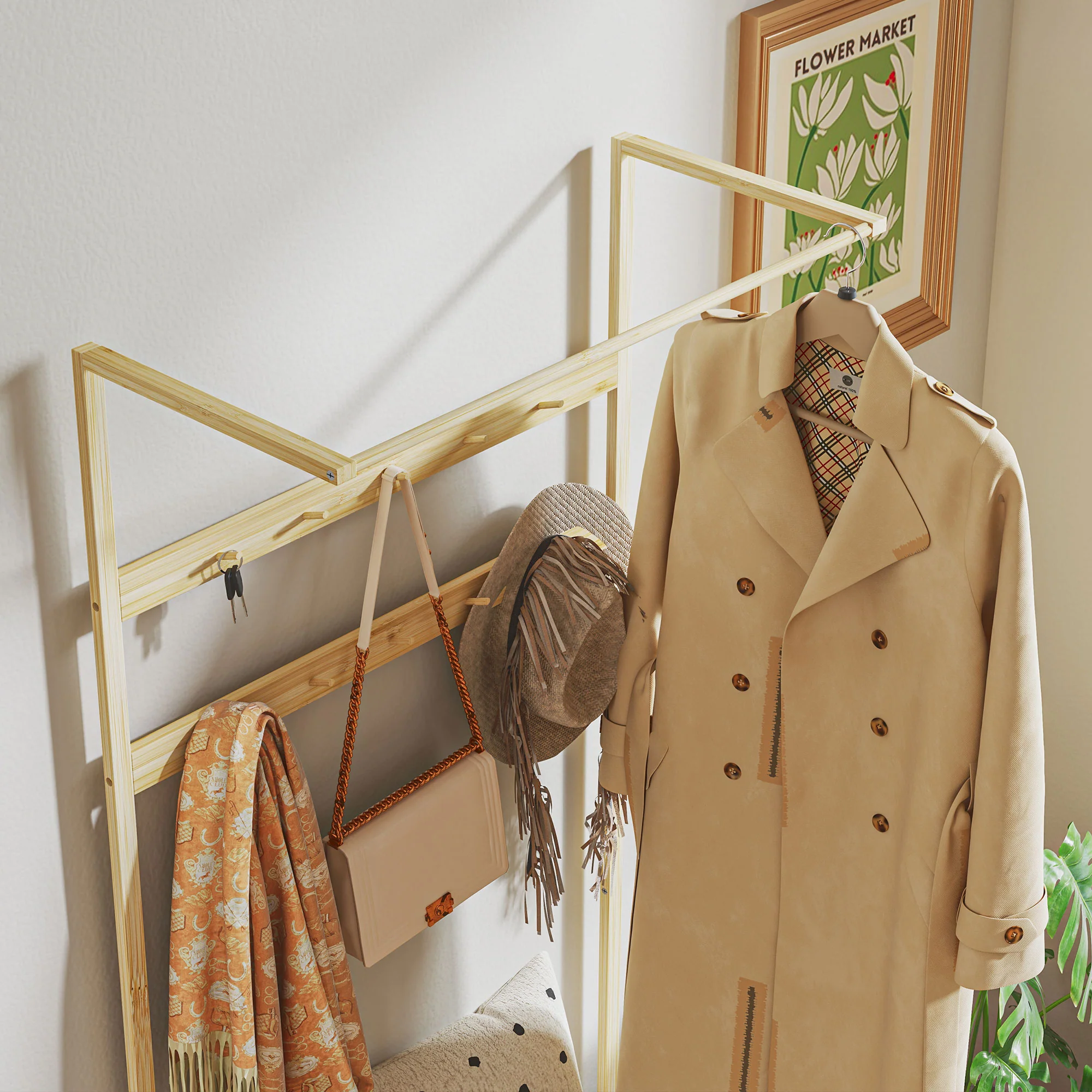 Coat Rack with Shoe Bench, Hooks, Shoe Rack, Seat Cushion, Bamboo, Natural - Image 7