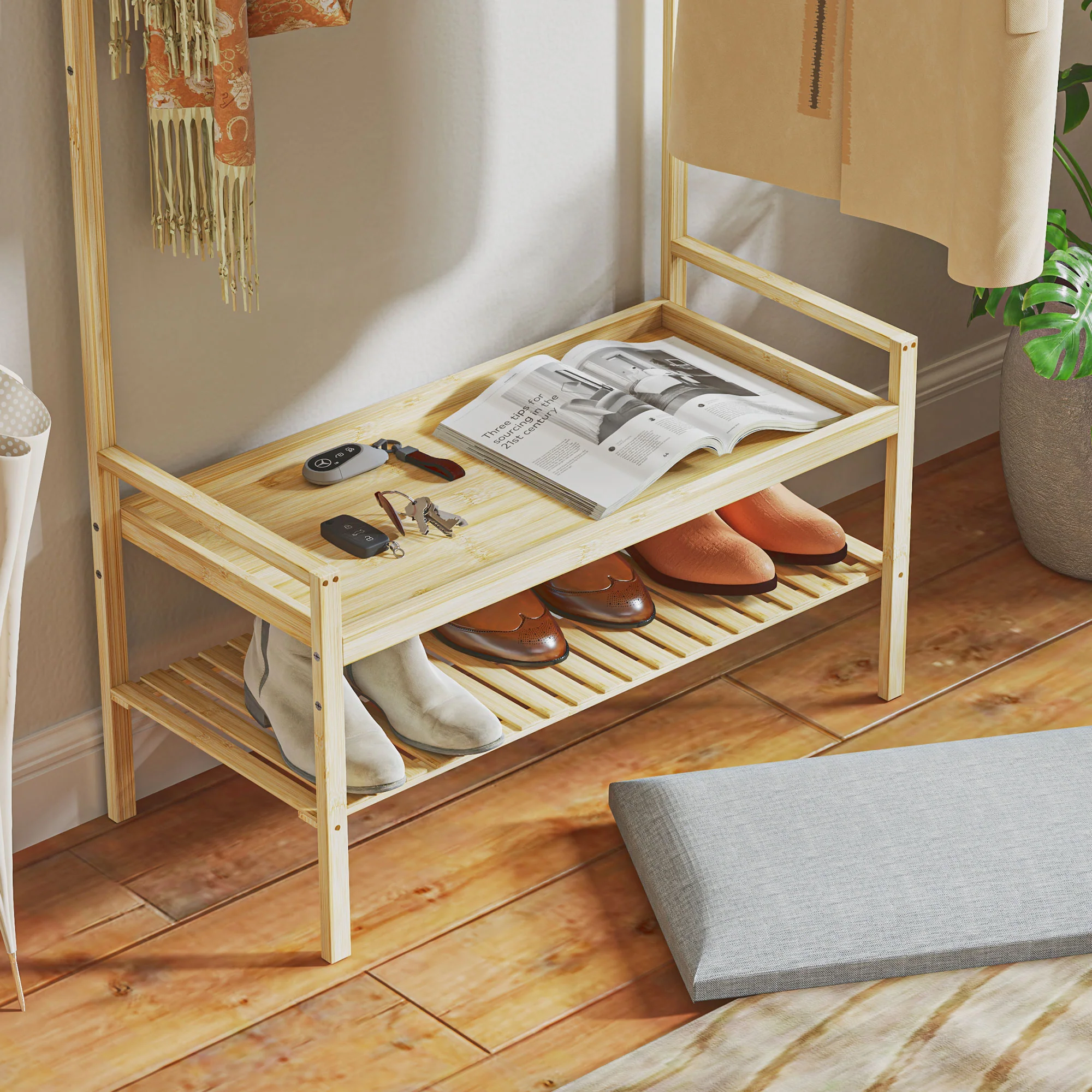 Coat Rack with Shoe Bench, Hooks, Shoe Rack, Seat Cushion, Bamboo, Natural - Image 8