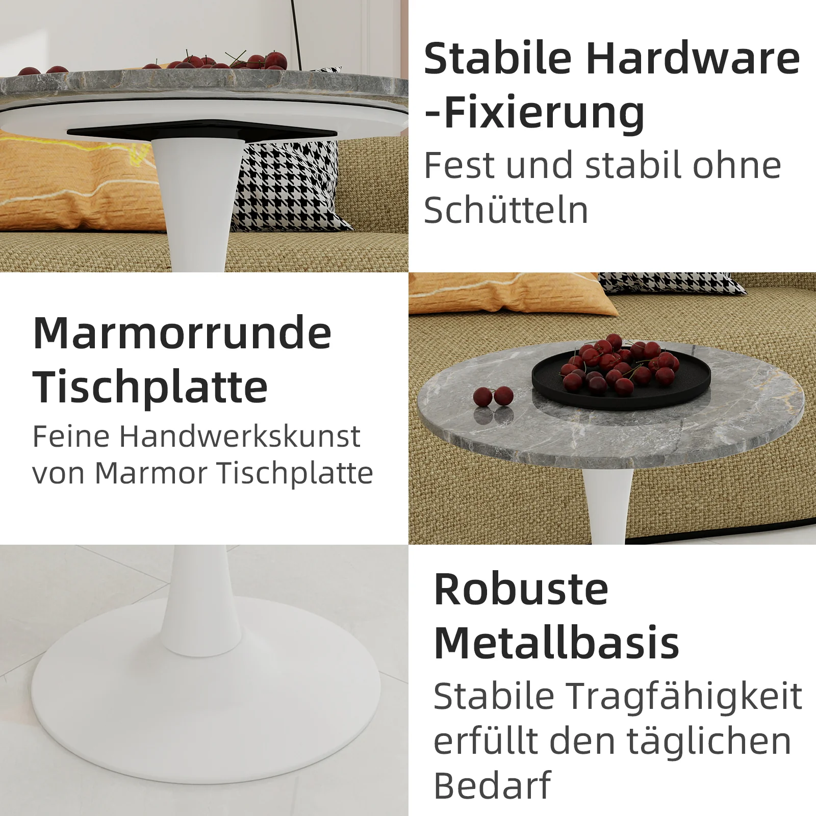 Coffee Table 27.6-inch Round Marble Top Mid-Century Modern - White/Gray Veined Finish - Image 7