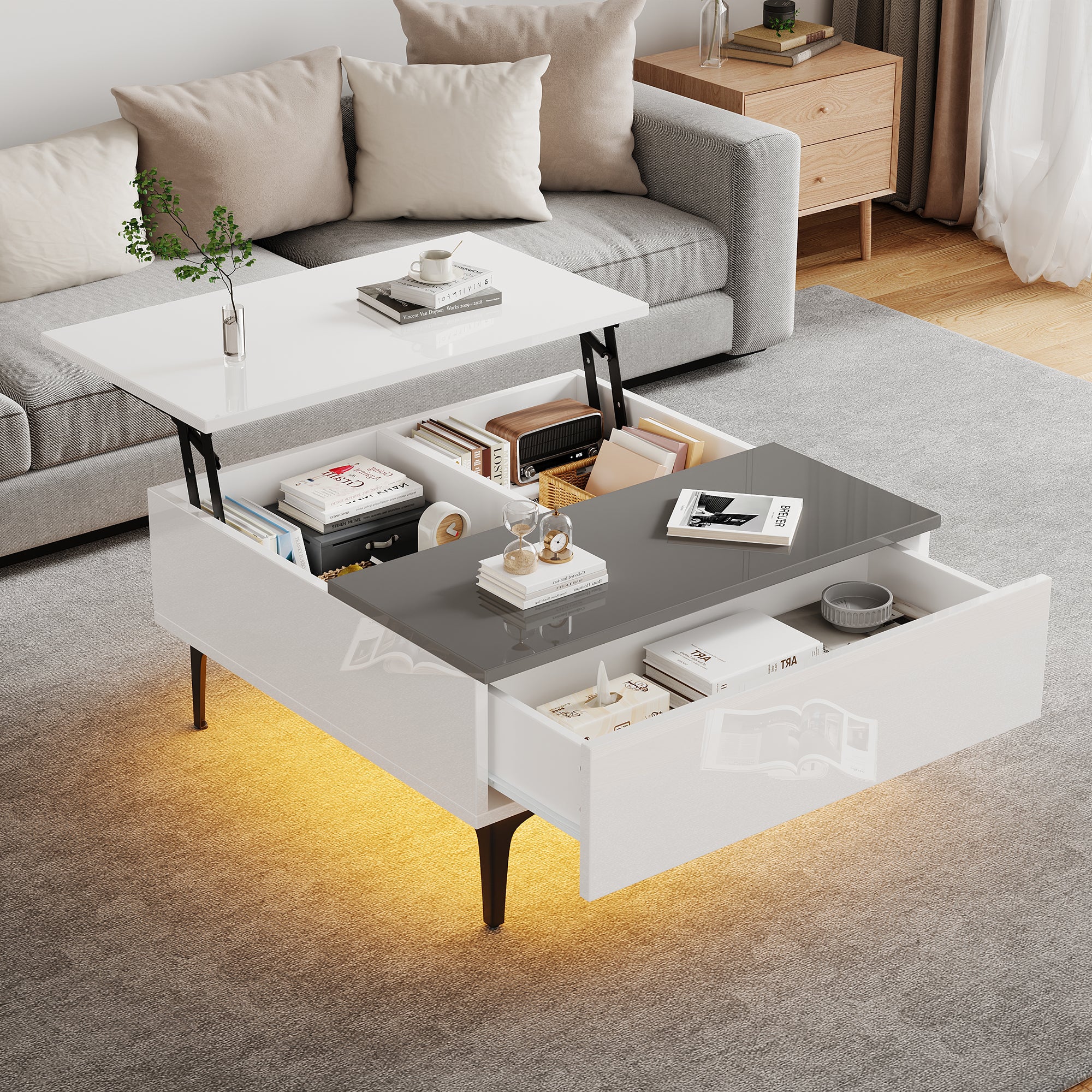 Coffee Table, Height-Adjustable with Hidden Storage and Shelves, White High-Gloss - Image 5