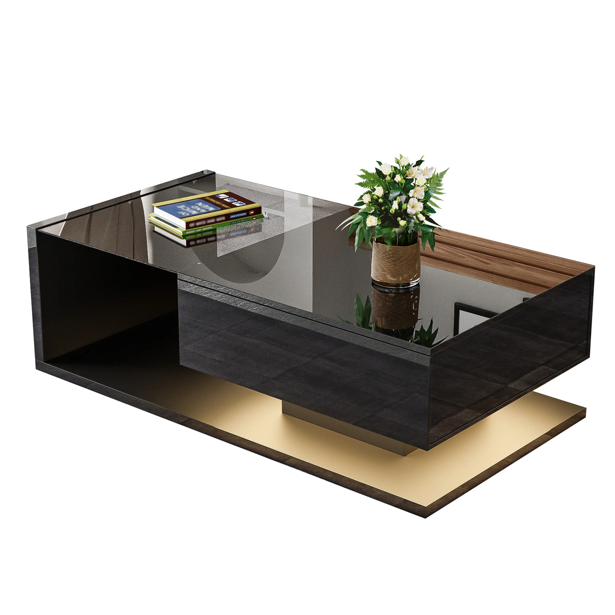 Coffee Table, High-Gloss Black with Push-Pull Storage - Image 2