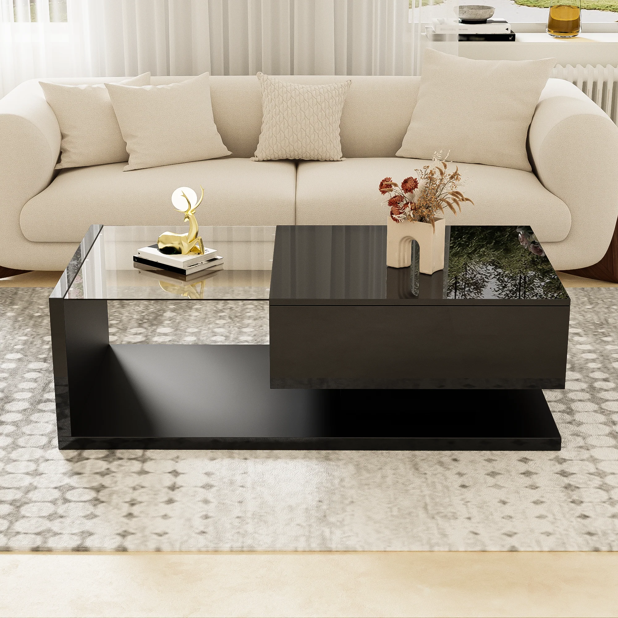 Coffee Table, High-Gloss Black with Push-Pull Storage - Image 3