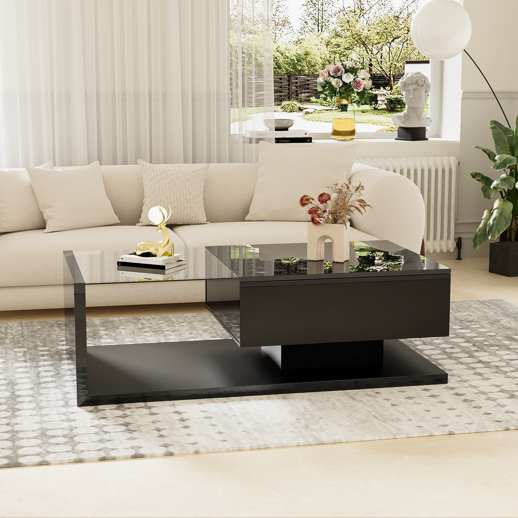 Coffee Table, High-Gloss Black with Push-Pull Storage - Image 4