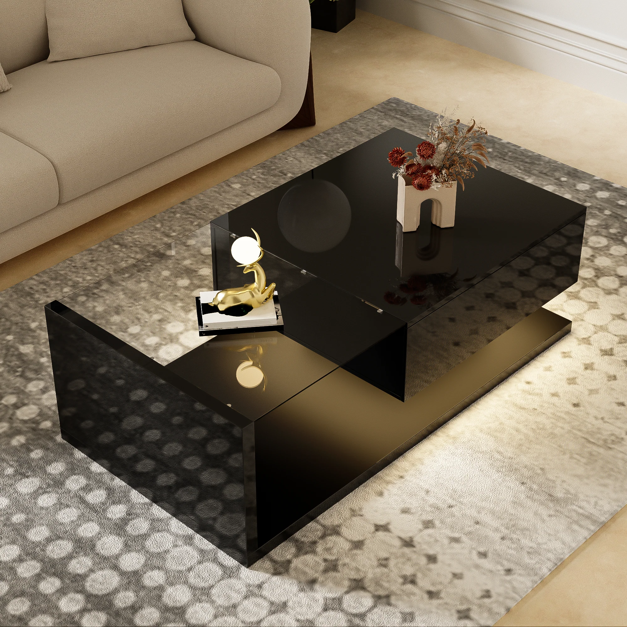 Coffee Table, High-Gloss Black with Push-Pull Storage - Image 5