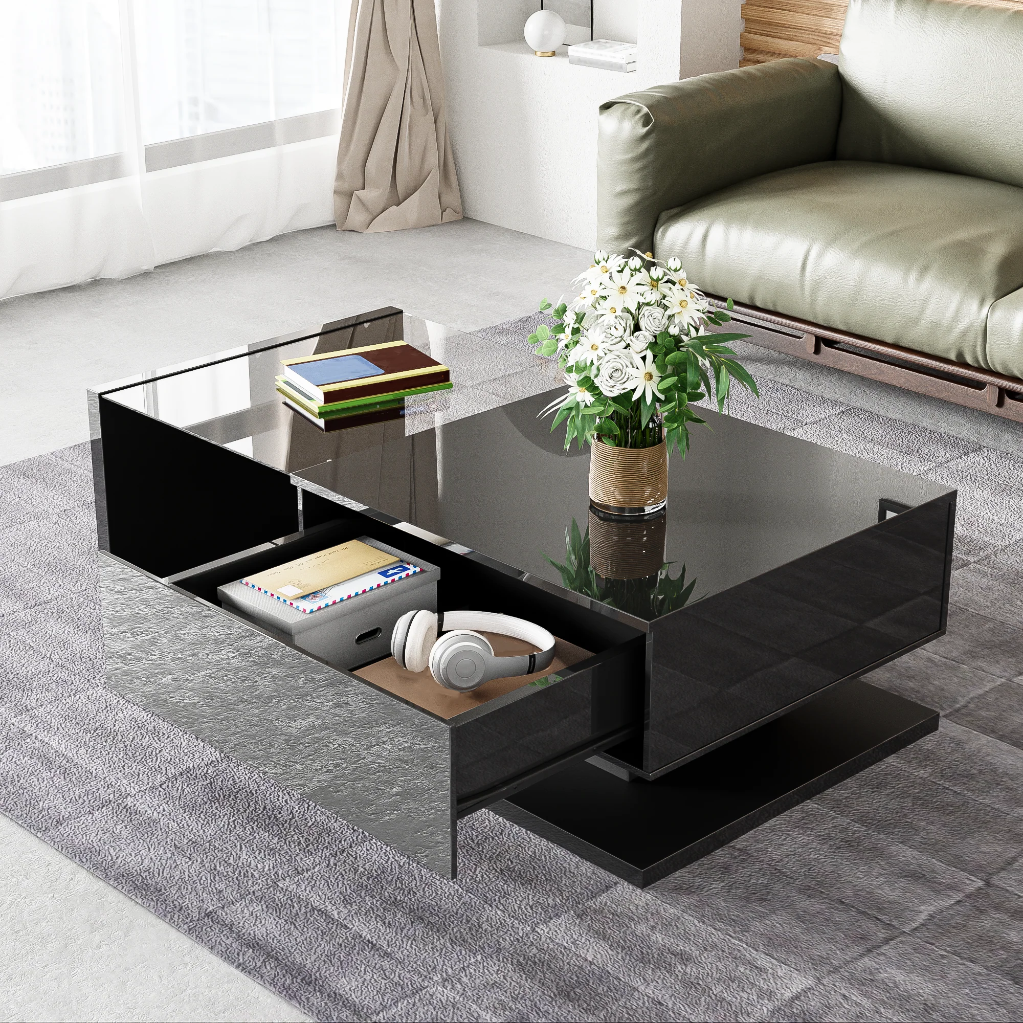 Coffee Table, High-Gloss Black with Push-Pull Storage - Image 7