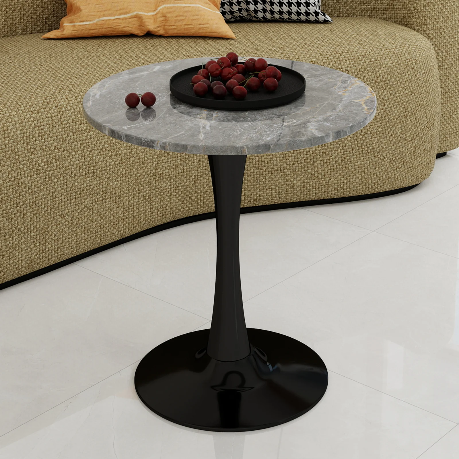 Coffee Table Mid-Century Modern 27.6" Round Marble - Black - Image 3